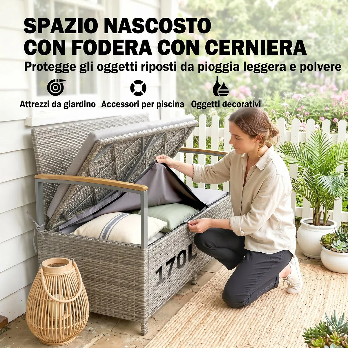 Outsunny Cassapanca Contenitore da Esterno in Rattan PE 170L, Panca Contenitore da Esterno 2 Posti con Braccioli in Legno di Acacia, Cuscino Lavabile, Fodera con Cerniera, Pistone a Gas, Grigio Chiaro