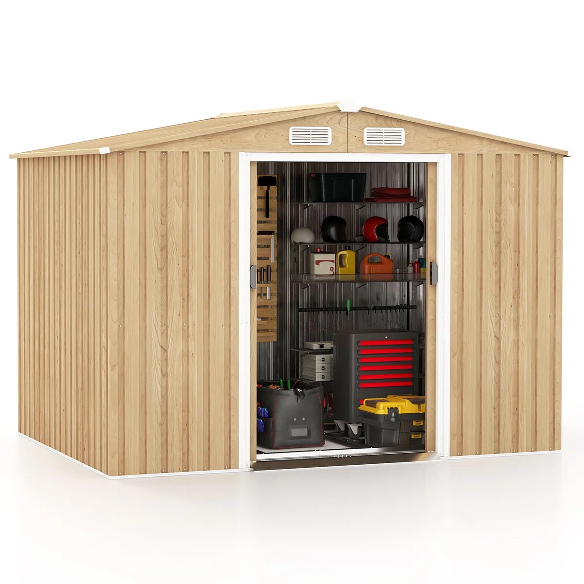 RELAX4LIFE Casetta da Giardino per Attrezzi, in Lamiera d'Acciaio e e Lamiera Zincata con Fondazione, Doppie Porte Scorrevoli, Rampa, 4 Fori di Ventilazione e 4 Guanti Inclusi (259 x 196 x 184 cm)