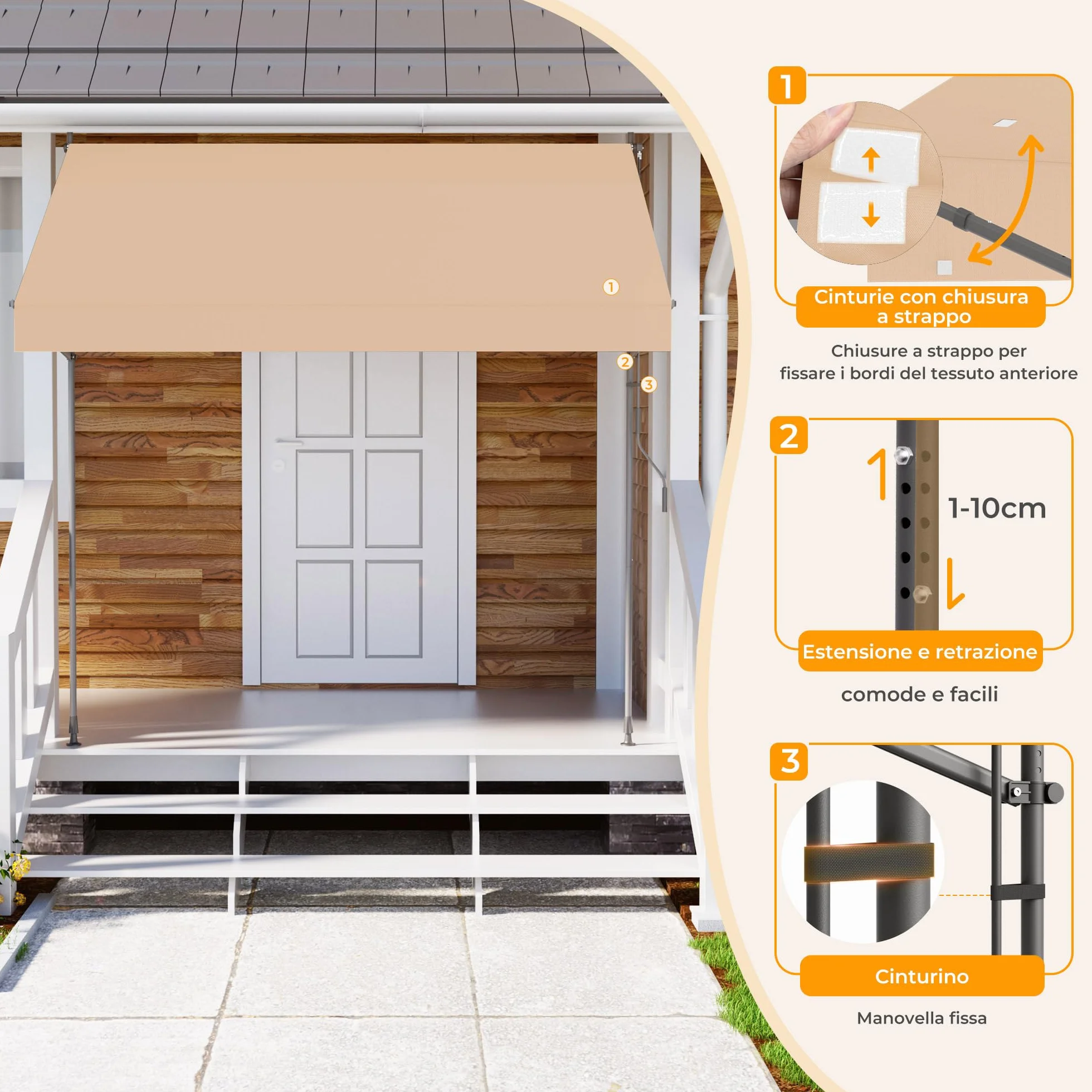 Tenda da Sole a Morsetto con manovella regolabile, Impermeabile Anti-UV, 200 cm x (120-150) cm Cachi