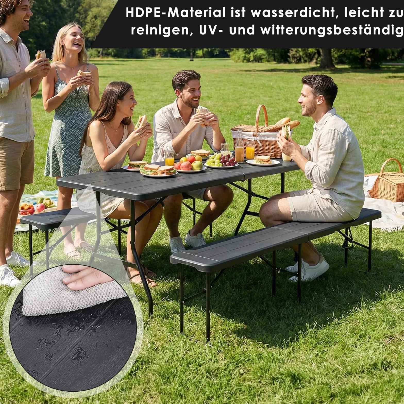 Set Tenda da Birra 3 Pezzi 180cm, Tavolo e 2 Panche Pieghevoli, Mobili da Giardino in Plastica HDPE