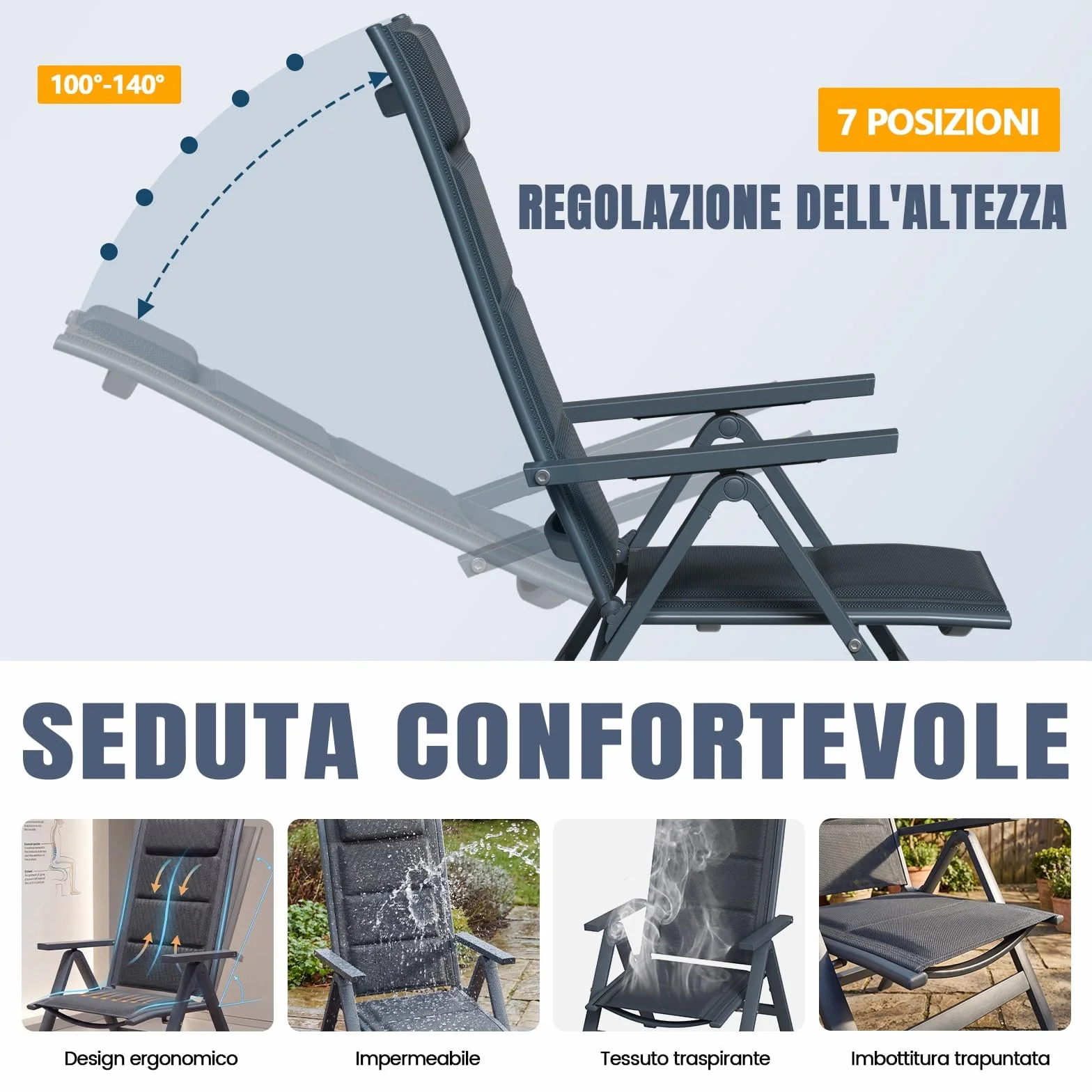 Devoko Set 2 Sedie da Giardino Pieghevoli in Alluminio Regolabile 7 Posizioni Schienale Alto