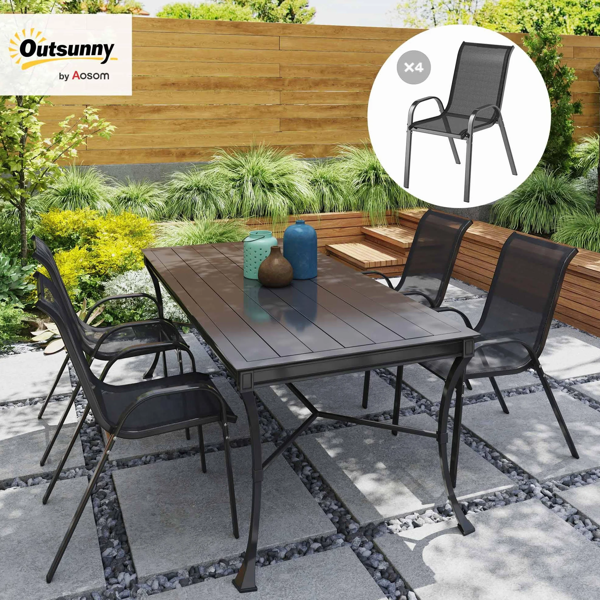 Outsunny Set 4 Sedie da Giardino Impilabili con Braccioli, Acciaio e Texteline, 54x71x93 cm Nero