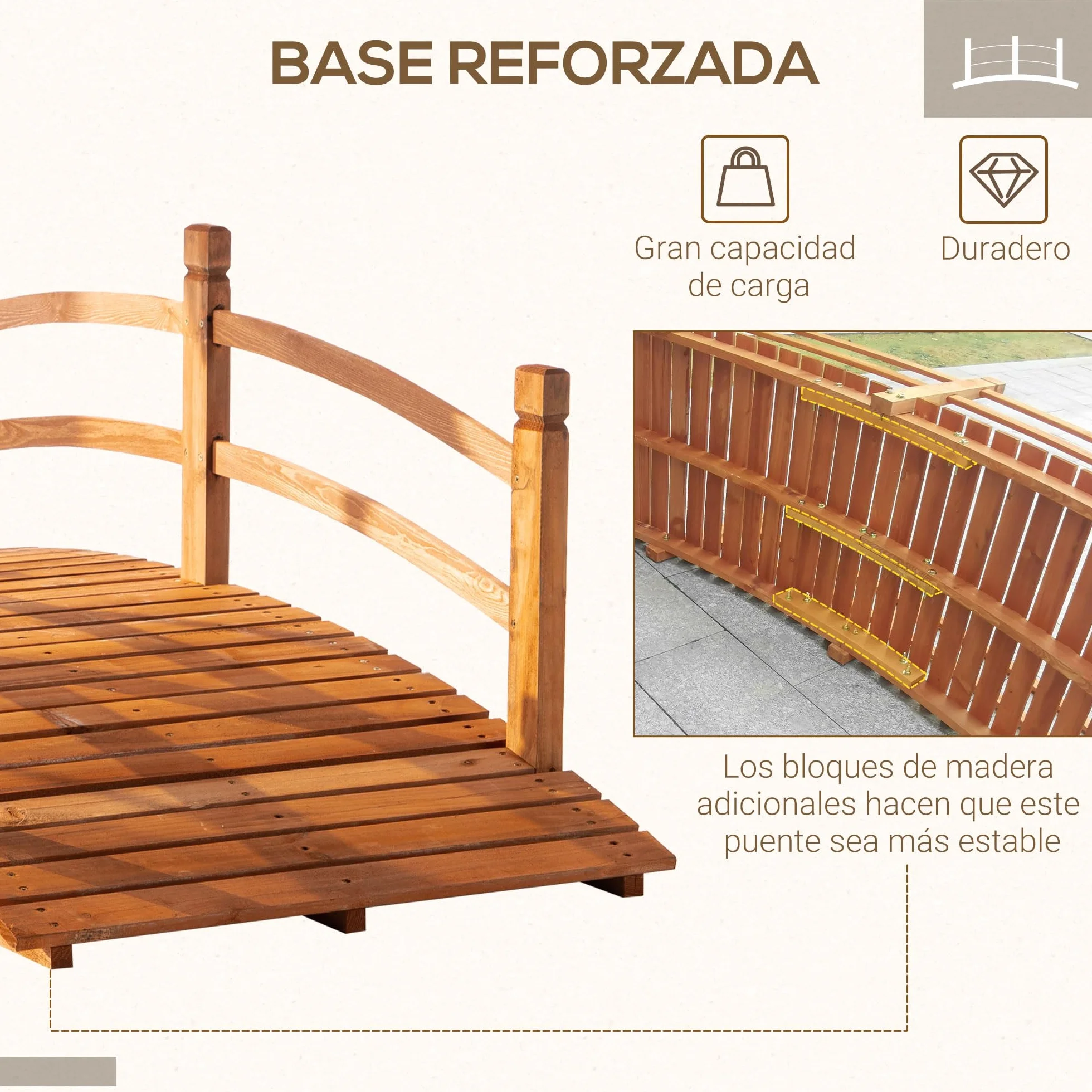 Outsunny Ponte ad Arco in Legno 185x72x58 cm con corrimano Ponte da Giardino per la Decorazione del Patio Carico 200 kg Naturale