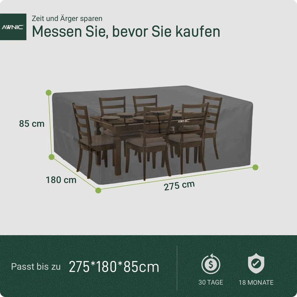 AWNIC Copertura Tavolo Esterno Impermeabile, Resistente ai Raggi UV Resistente allo Strappo Copertura per Mobili da Giardino, Telo Oxford Telo Copri Tavolo Esterno 275x180x85cm
