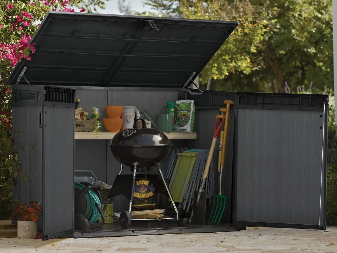 Keter Porta Attrezzi da Esterno Cortina Mega, Ideale per il Giardino, Grigio Scuro, 190,5x109,3x132,5H cm, 2020L