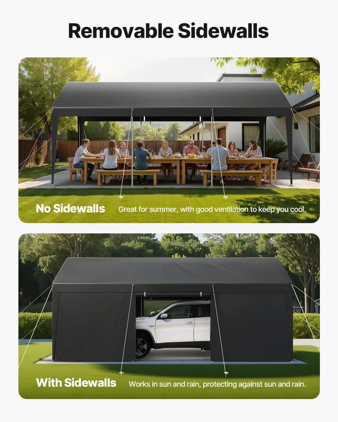VEVOR Posto Auto Coperto Esterno, Riparo per Auto 3,05 x 6,09 x 2,87 m, Tettoia Potabile con Pareti Laterali e Porta Rimovibili, Resistente ai Raggi UV e all'Acqua, per Auto e Barca, Grigio