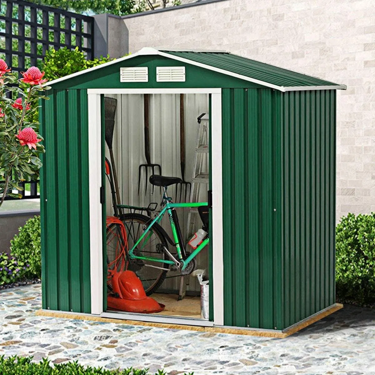 RELAX4LIFE Casetta da Giardino per Attrezzi, 213 x 127 x 185 cmin Lamiera d'Acciaio e e Lamiera Zincata con Doppie Porte Scorrevoli, Tetto Inclinato, per Porta Attrezzi, Tosaerba, Verde