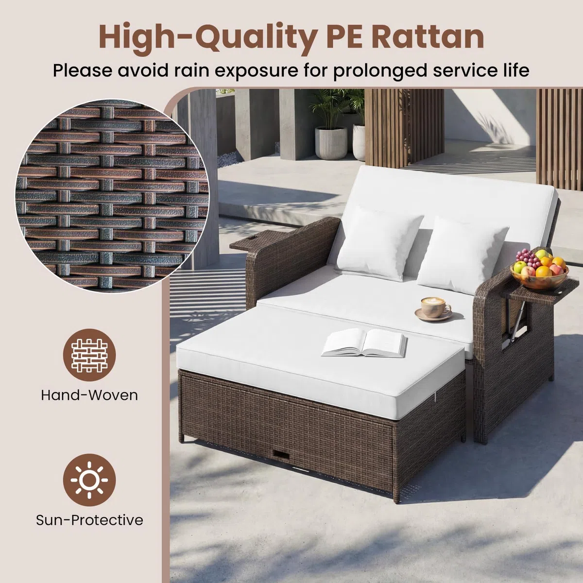 GIANTEX Divano da Giardino in Rattan con Poggiapiedi, Doppio Divano da Esterno con Schienale Regolabile, Mobili da Giardino per Terrazza, Balcone, Cortile (Misto Marrone+Bianco)