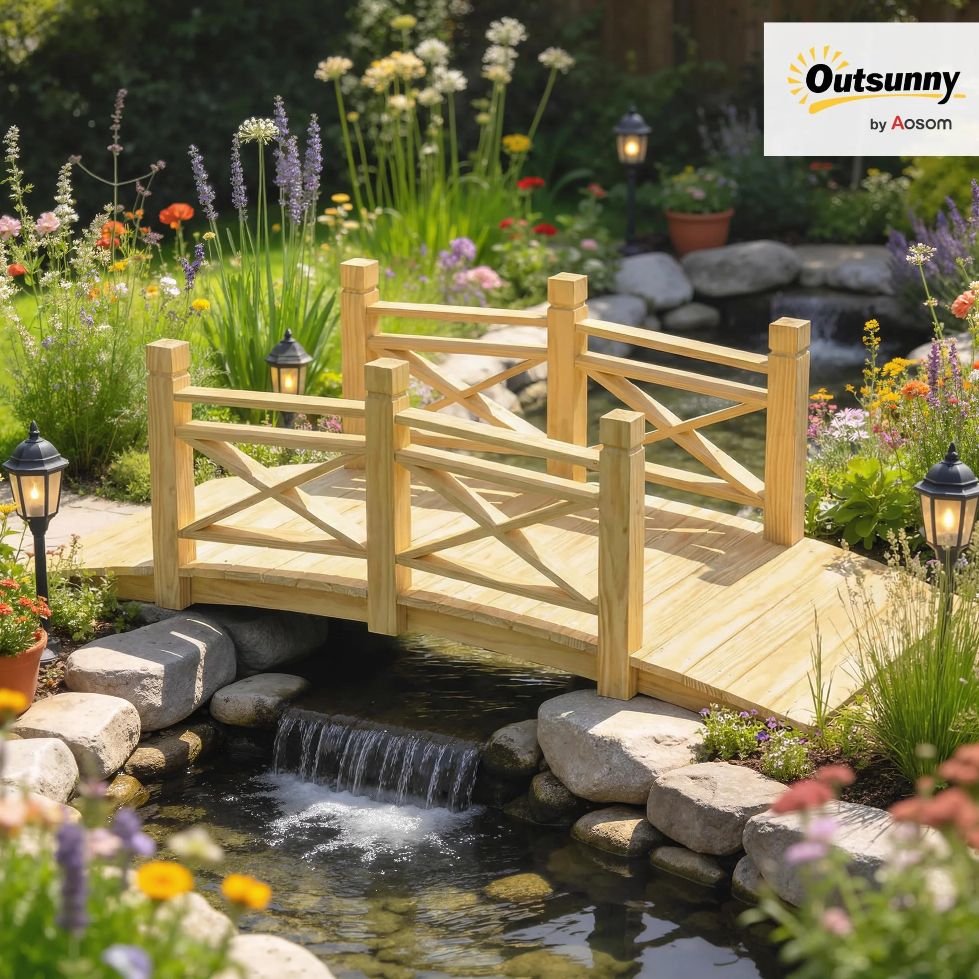 Outsunny Ponte da giardino in legno carbonizzato ad arco 1,74 m - Passerella con corrimano sicura e carico 200 kg - Decorazione esterna trattata e resistente, naturale
