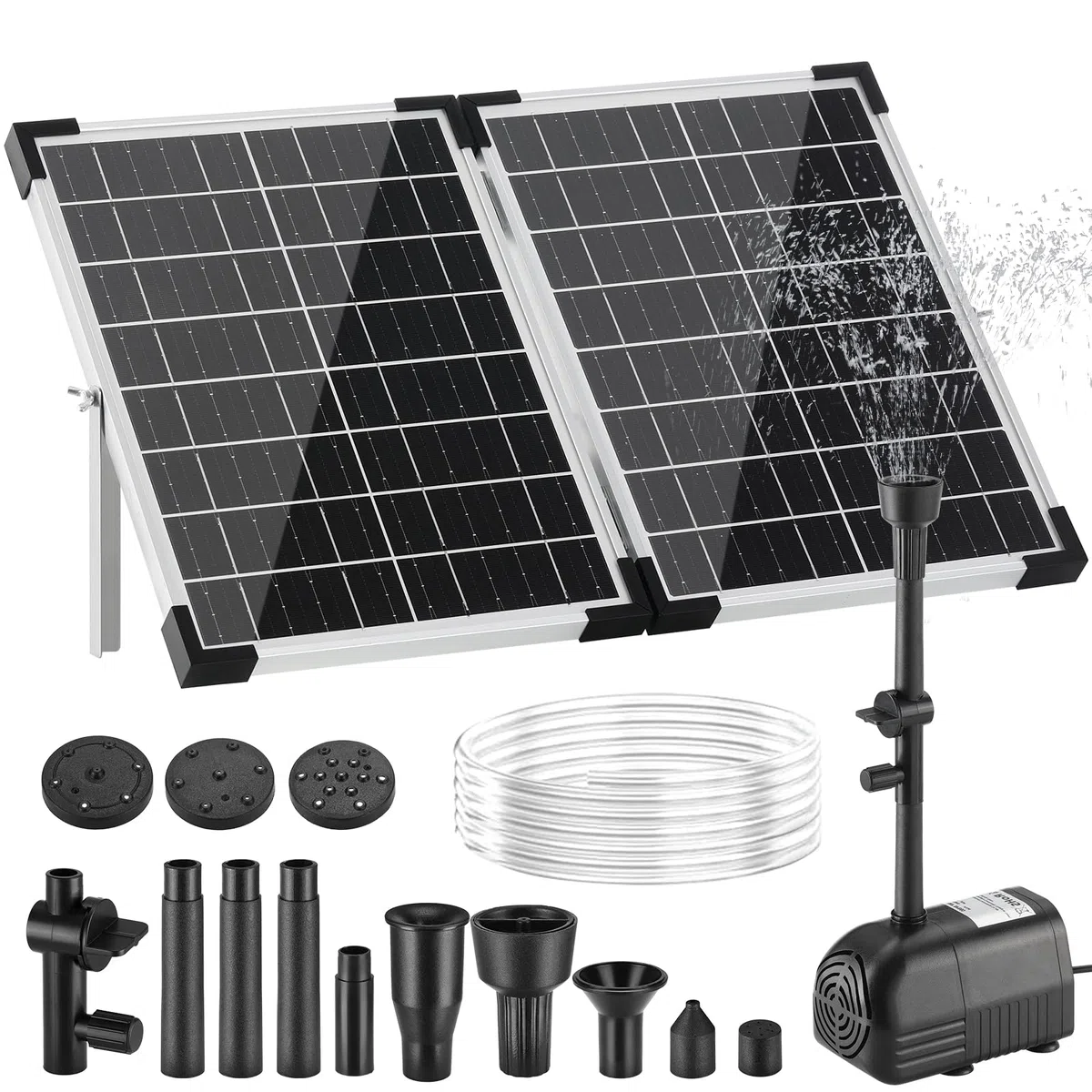 Clevich 35W Pompa Solare per Laghetto, 280 L/H, Massima 220 cm,per Stagni Grandi (8-15 m²), Pannello in Vetro 100% e Motore Senza Spazzole,4+4 Ugelli e 2Filtri,Cavo 5m,Set Specifico per Fontane Stagni