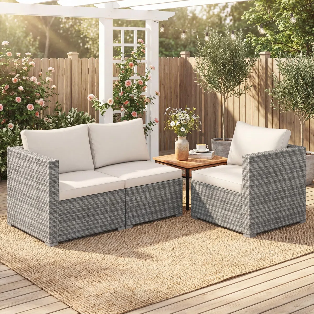 GIANTEX Divano da Giardino a 3 Posti in Rattan con Cuscino Imbottito, Mobili per Terrazza e Balcone, Colore Beige/Grigio, 193 x 67 x 61,5 cm (Beige)