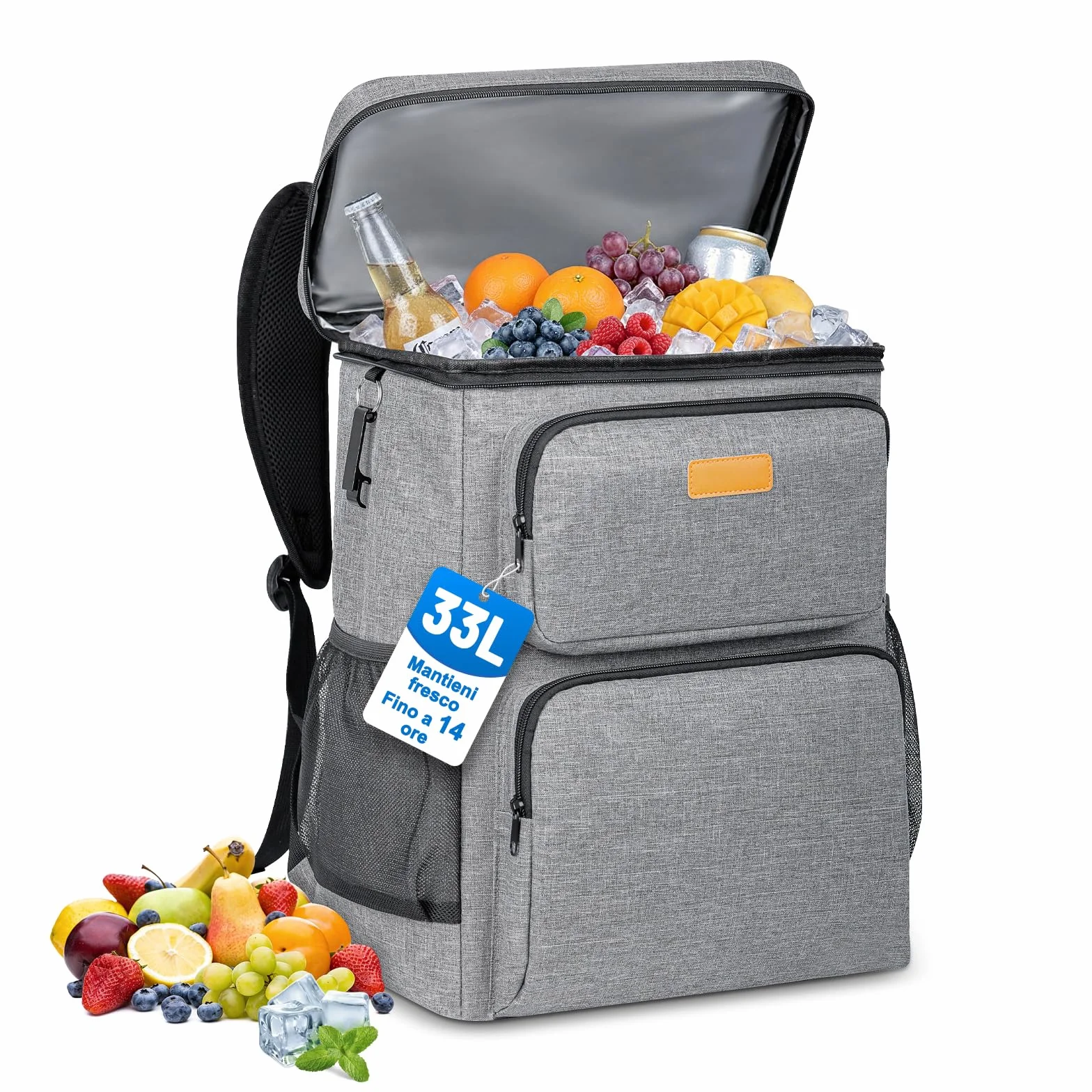 Zaino Termico Isoterma Impermeabile 33L Borsa Frigo Porta Pranzo per Spiaggia Grigio