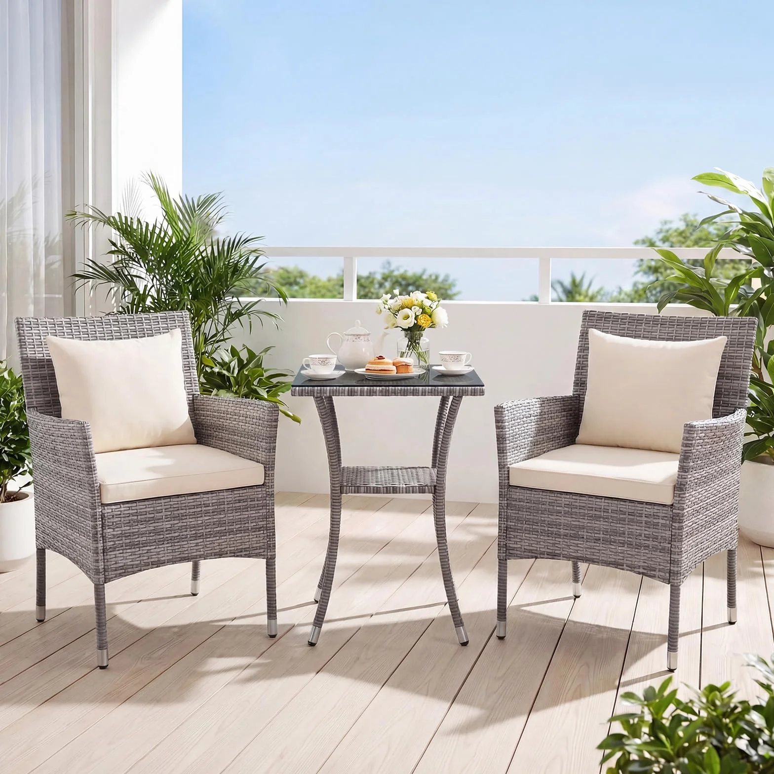 LIFEZEAL Salotto da Giardino in Rattan PE, Set 2 Divanetti con Cuscini Rimovibili e Tavolino in Vetro Temprato