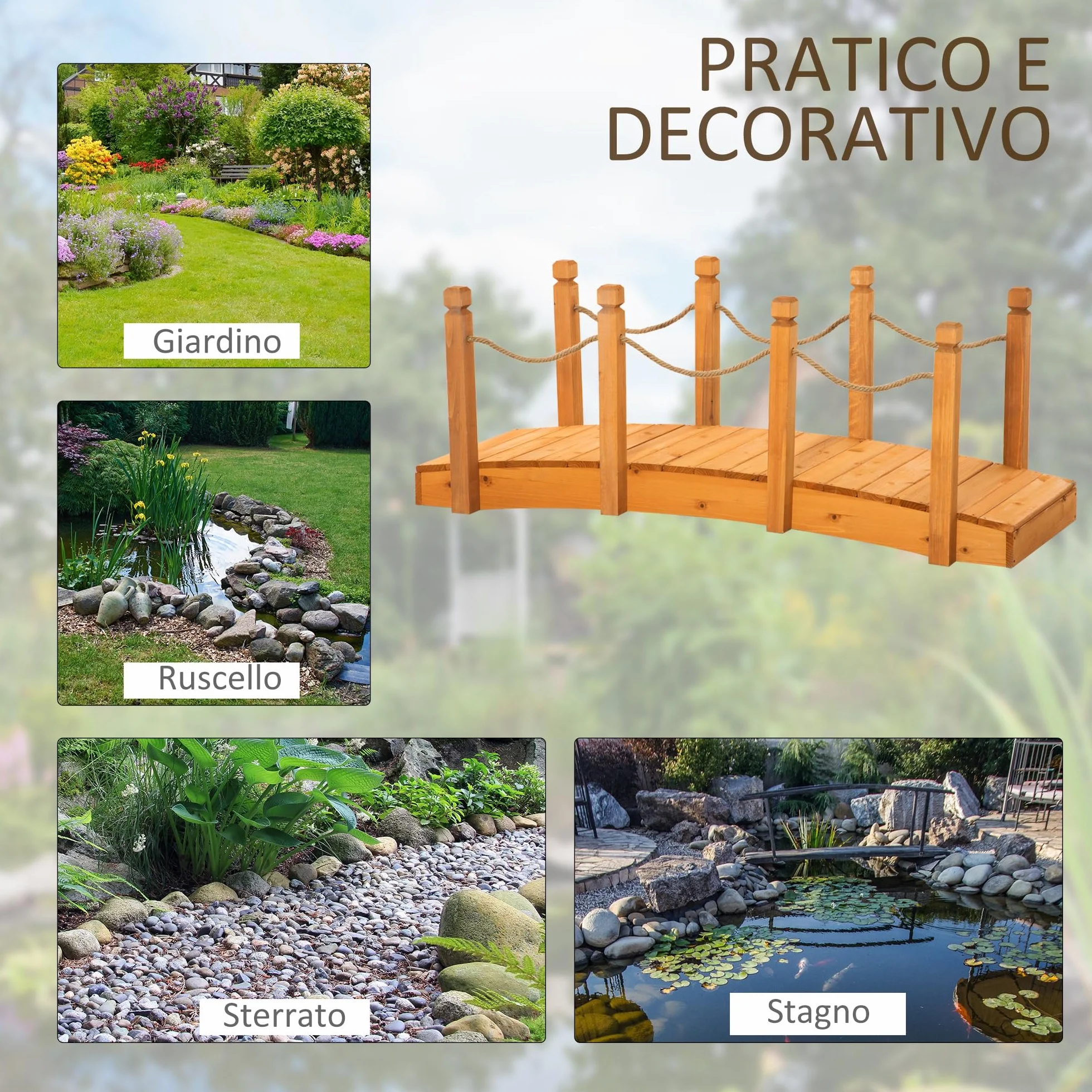 Outsunny Ponte da Giardino ad Arco in Legno d'Abete, Ponticello di Legno da Cortile con Sponde Laterali in Corda di Canapa,150x58x58.5cm, Arancione