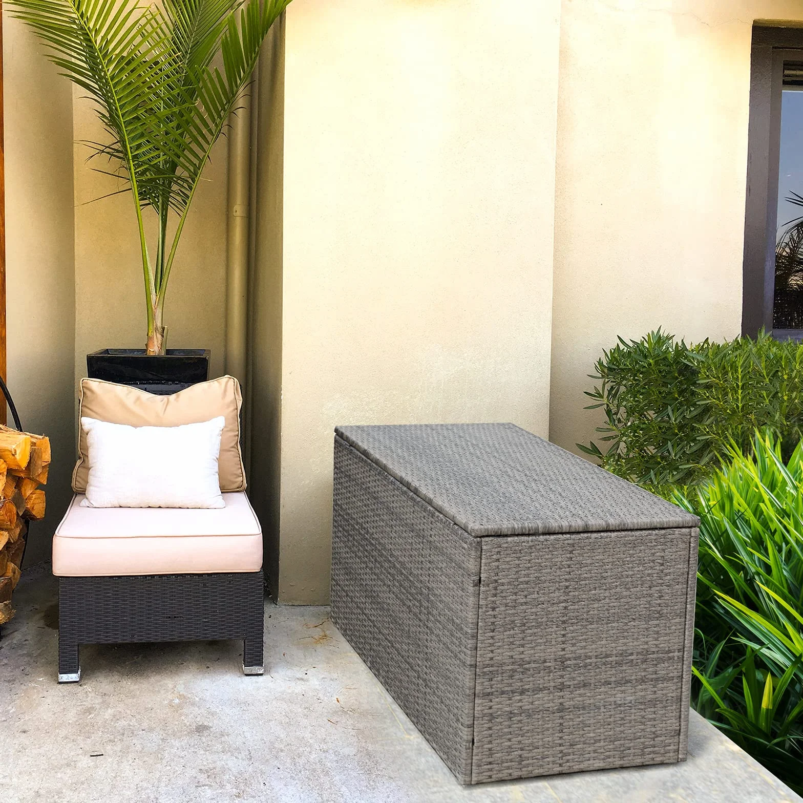 KOMFOTTEU Cassapanca Contenitore da Esterno 330L Rattan Telaio Acciaio Baule Giardino Resistente UV Impermeabile 115x60x65 cm Grigio