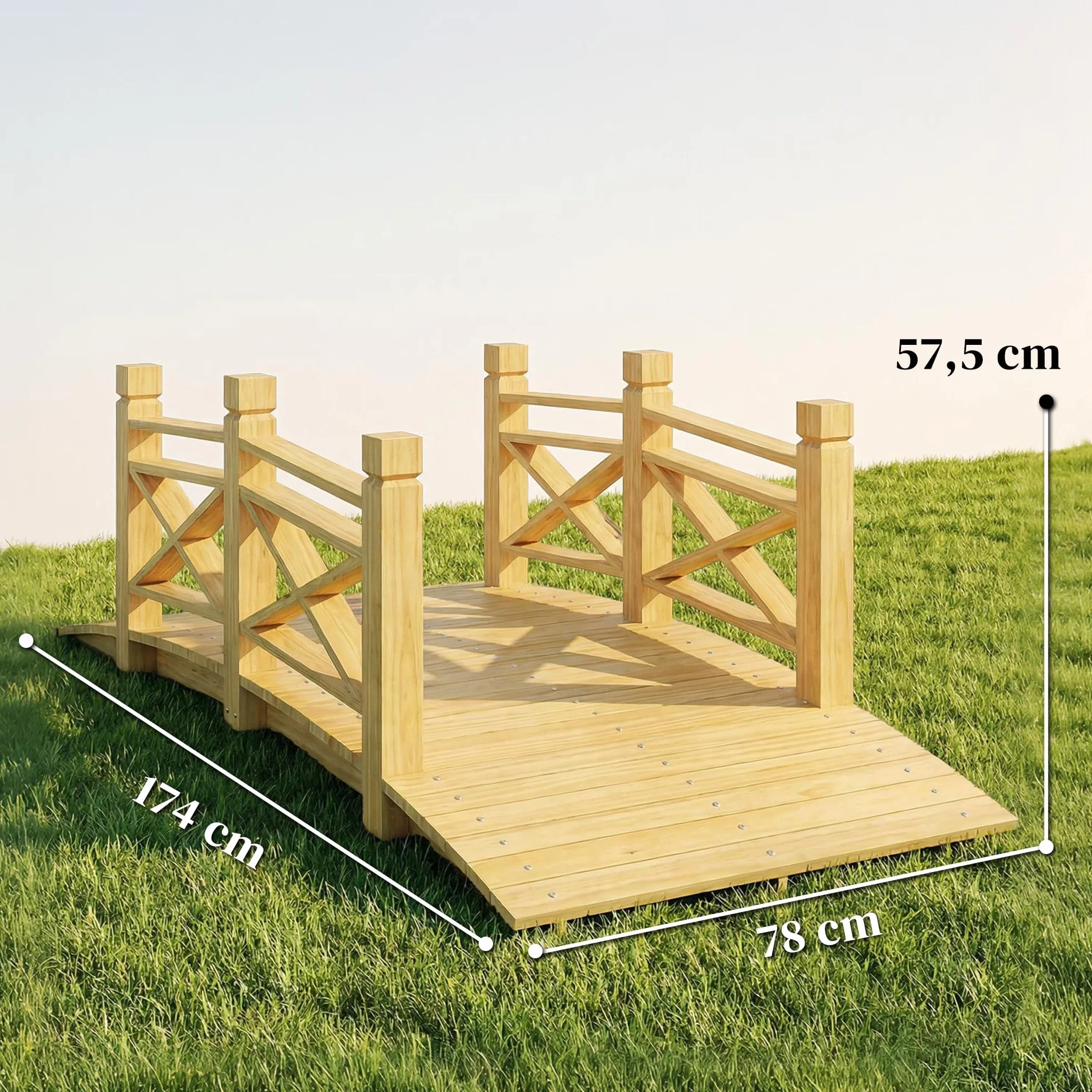 Outsunny Ponte da giardino in legno carbonizzato ad arco 1,74 m - Passerella con corrimano sicura e carico 200 kg - Decorazione esterna trattata e resistente, naturale