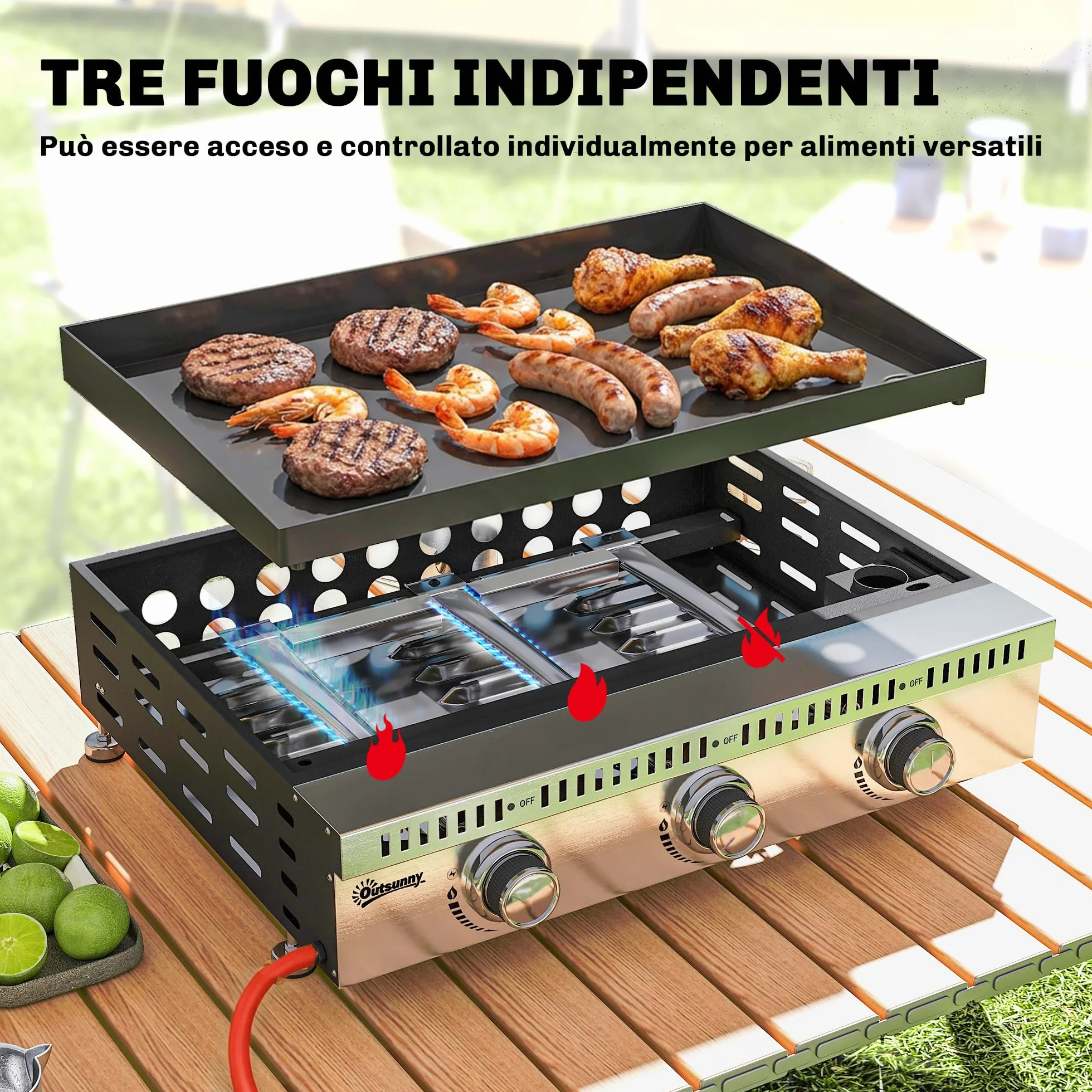 Outsunny Barbecue a Gas Portatile 3 Bruciatori 9 KW Acciaio Inox, Griglia BBQ da Tavolo con Vaschetta Raccogli Grasso, Regolatore, Nero