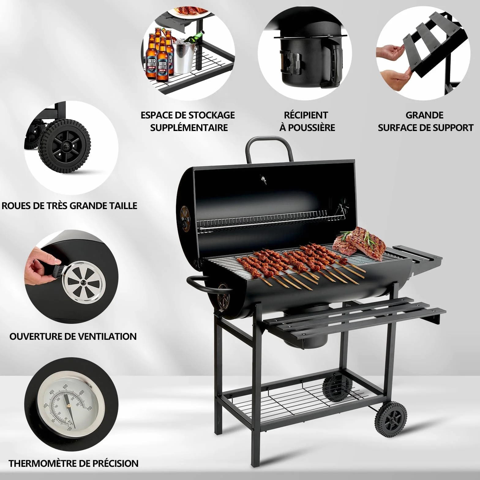 TEENO Barbecue Carbonella XXL z Grillem, Rękawice Antybakteryjne, Termometr, Szafka Popielnik, Regulowany Wylot