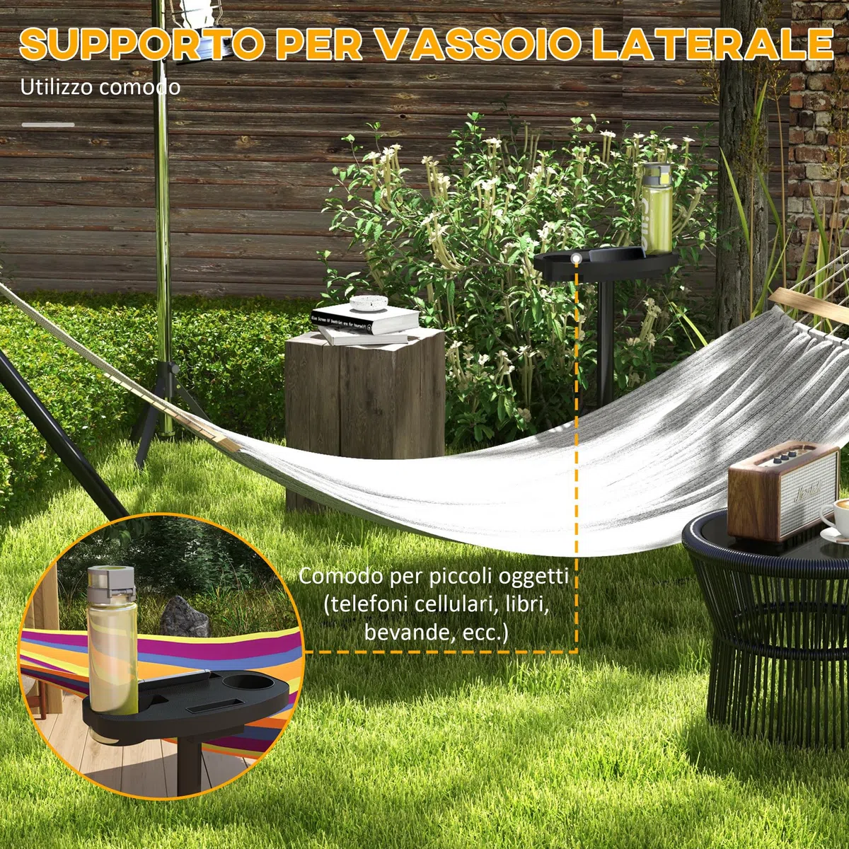 Outsunny Supporto per Amaca in Acciaio con Tavolino Integrato, Base per Amaca con Carico Massimo 150kg, Nero