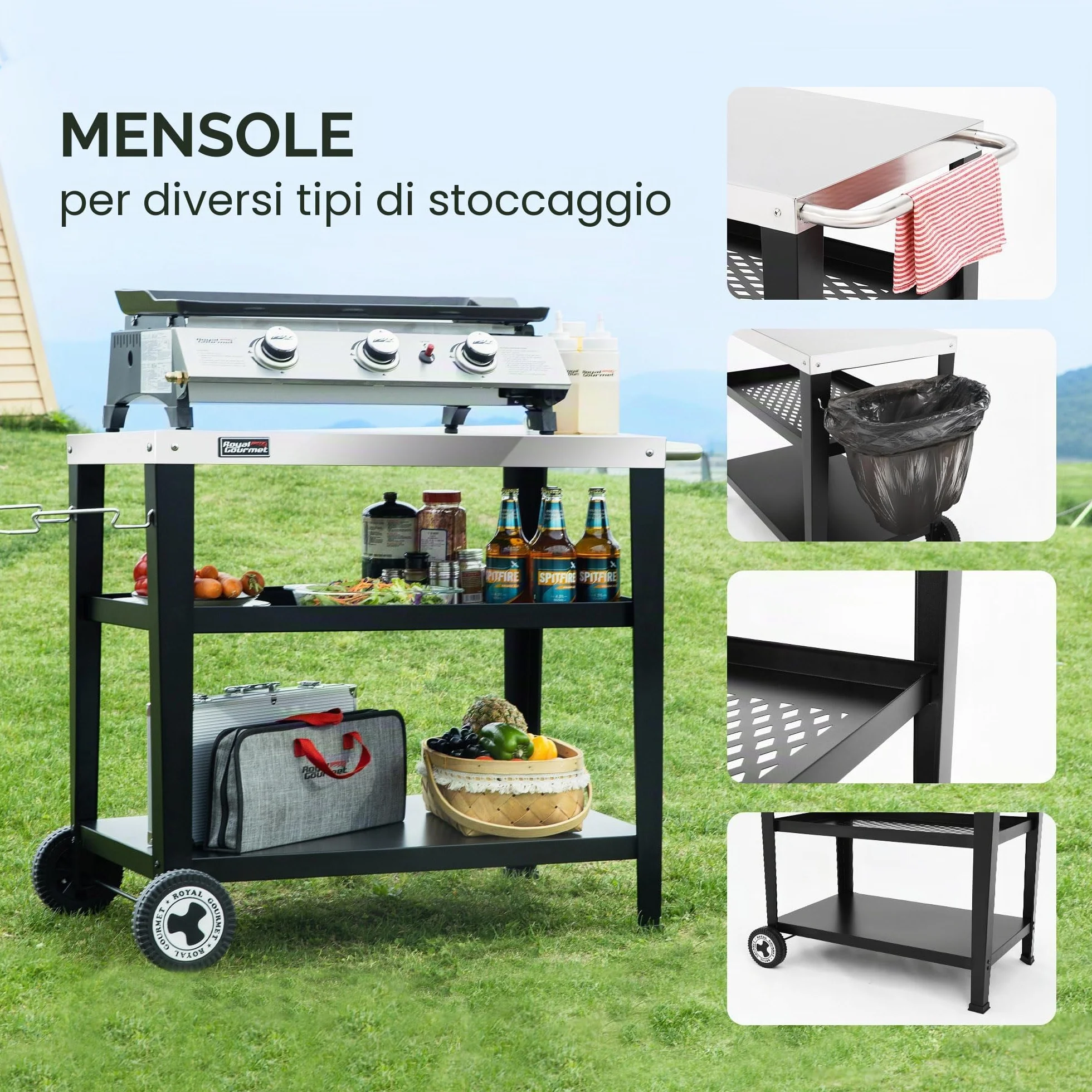 Royal Gourmet Carrello da portata a 3 piani in acciaio inox 85 x 50 cm argento