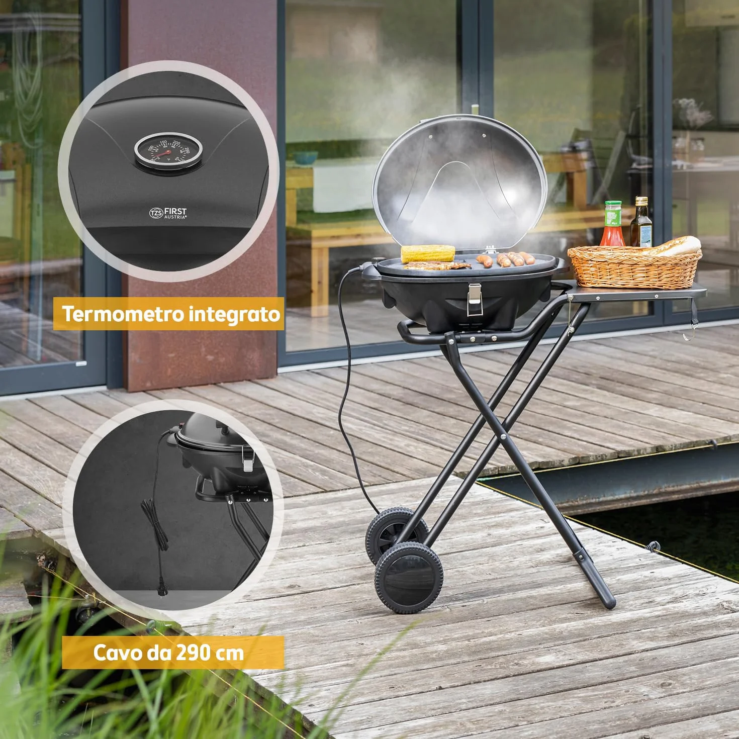 TZS First Austria Barbecue elettrico 2 in 1 2400W BBQ pieghevole con termometro