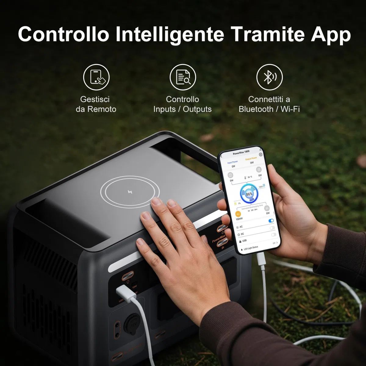 OSCAL PowerMax 1800SE Stazione Elettrica Portatile 1800W (3600W di Picco), Batteria 1024Wh LiFePO4 Generatore Solare con 1 * 100W Pannello, App, Di Alimentazione per Campeggio, Camper e Domestico