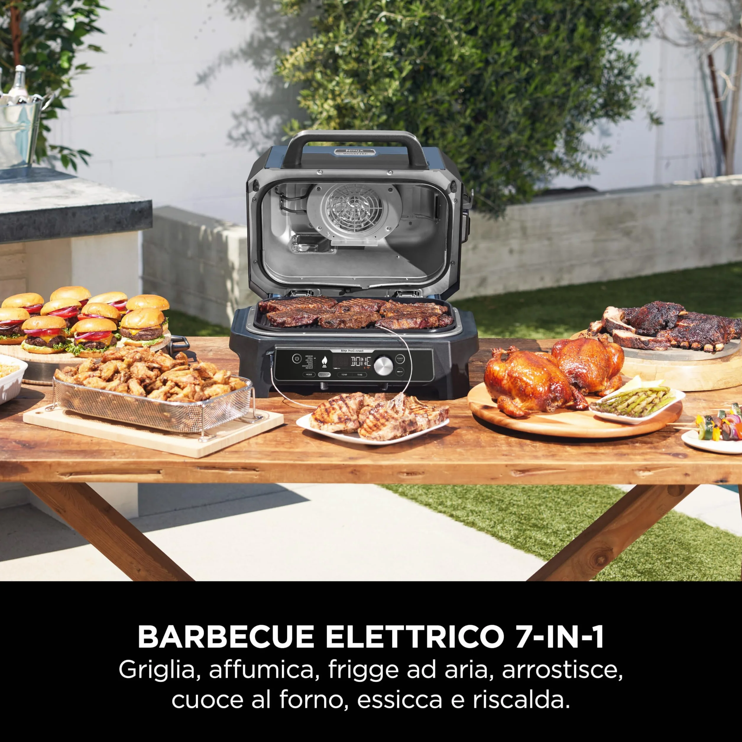 Ninja Woodfire Pro Connect XL Barbecue Elettrico 7 in 1 Griglia Affumicatore Friggitrice ad Aria Controllo App Blu/Nero
