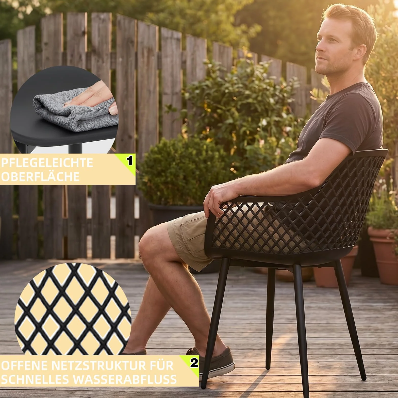 Set 6 Sedia Giardino Esterno PP Metallo Braccioli 120 kg Nero
