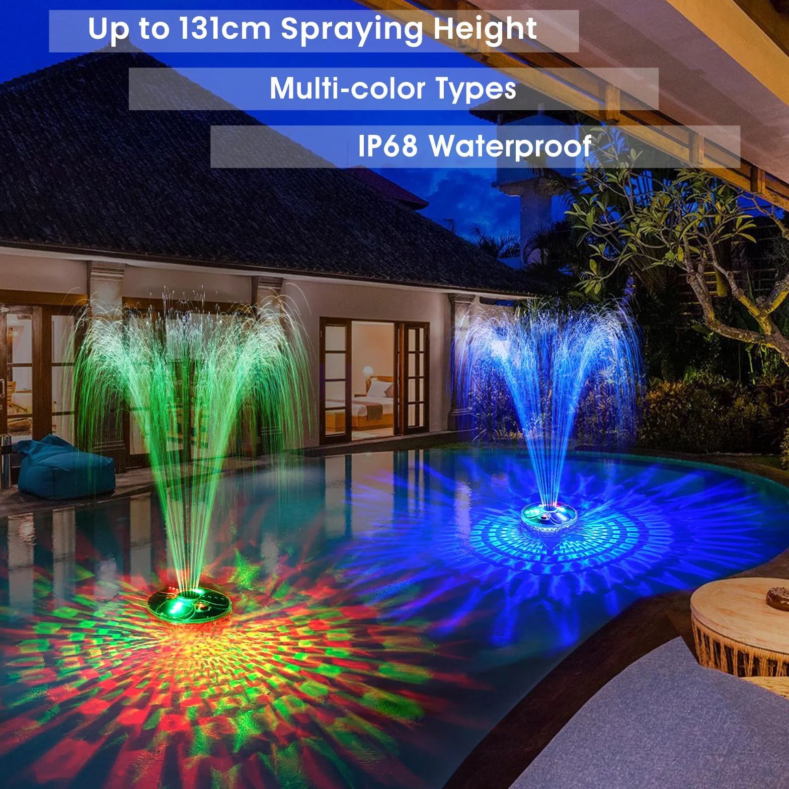 DeeprBling Fontana Galleggiante Piscina con Luci Subacquee, Fontana Piscina con Telecomando e Pulsanti, 2 Modalità di Spruzzatura e 7 Modalità di Luce LED, Fontana per Piscina con Ancora