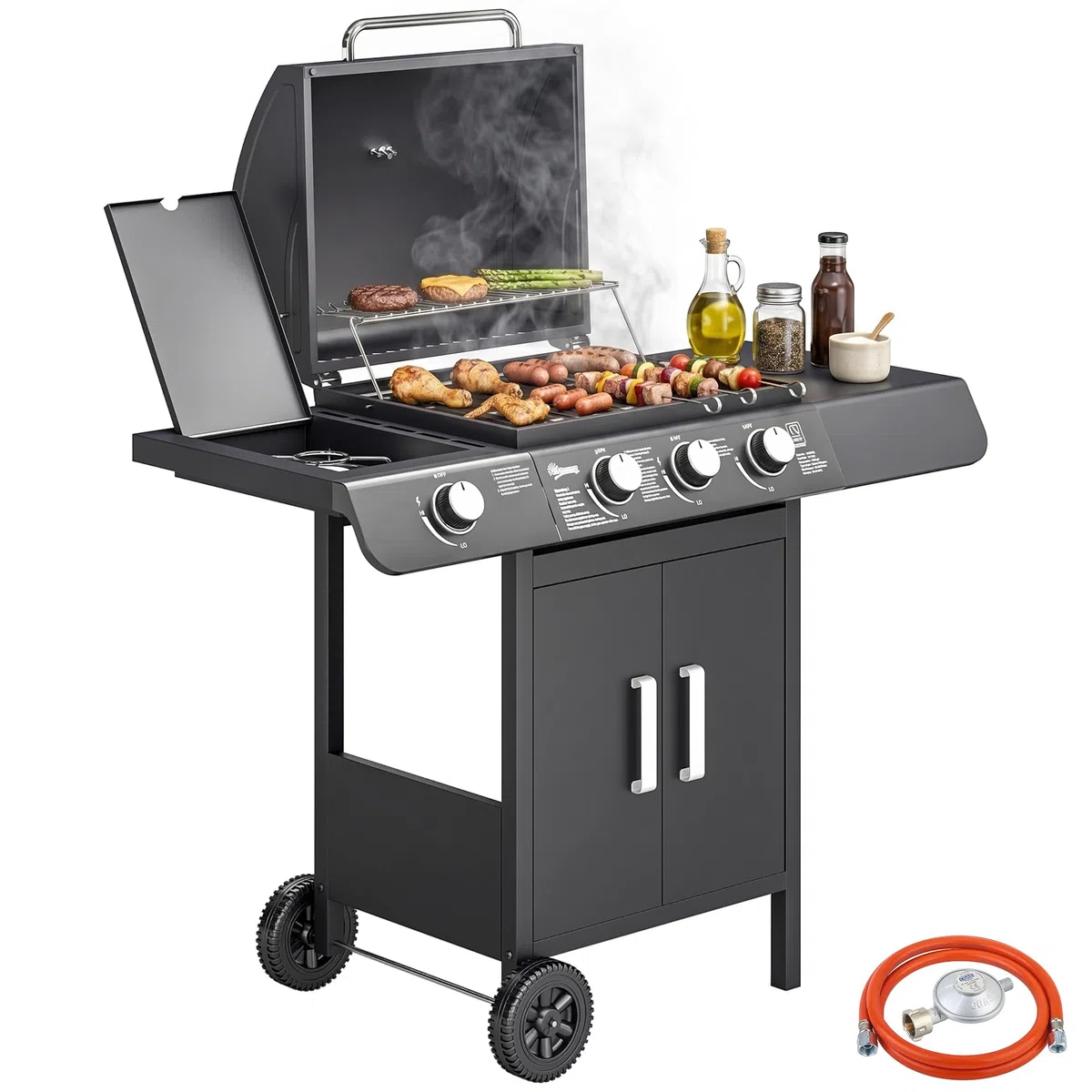 Outsunny Barbecue a Gas 4 Bruciatori 11.6kW Termometro Fornello Laterale Mensola 2 Ruote 110x50x100cm Nero