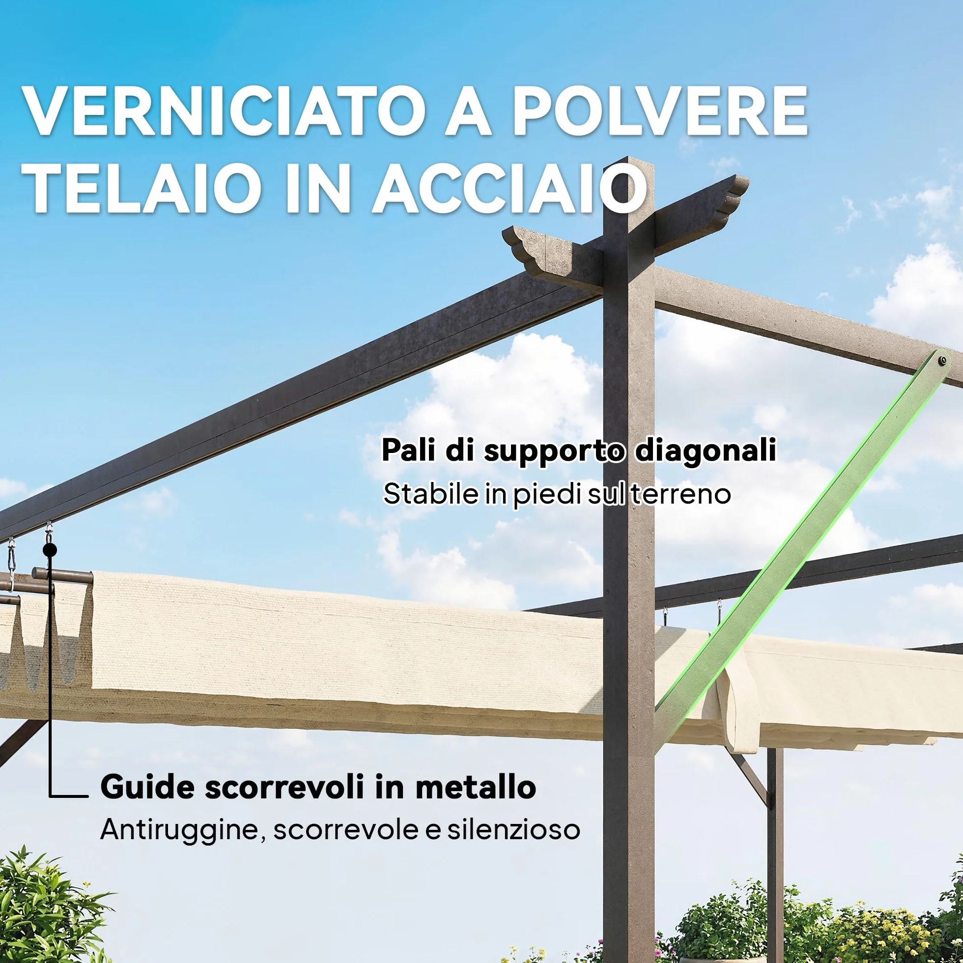 Outsunny Gazebo Pergola Addossata 3x3 m Tetto Retrattile Scorrevole Fori Drenaggio Pergolato Giardino Poliestere Acciaio Patio Terrazzo Esterno UV30+ Bianco Crema