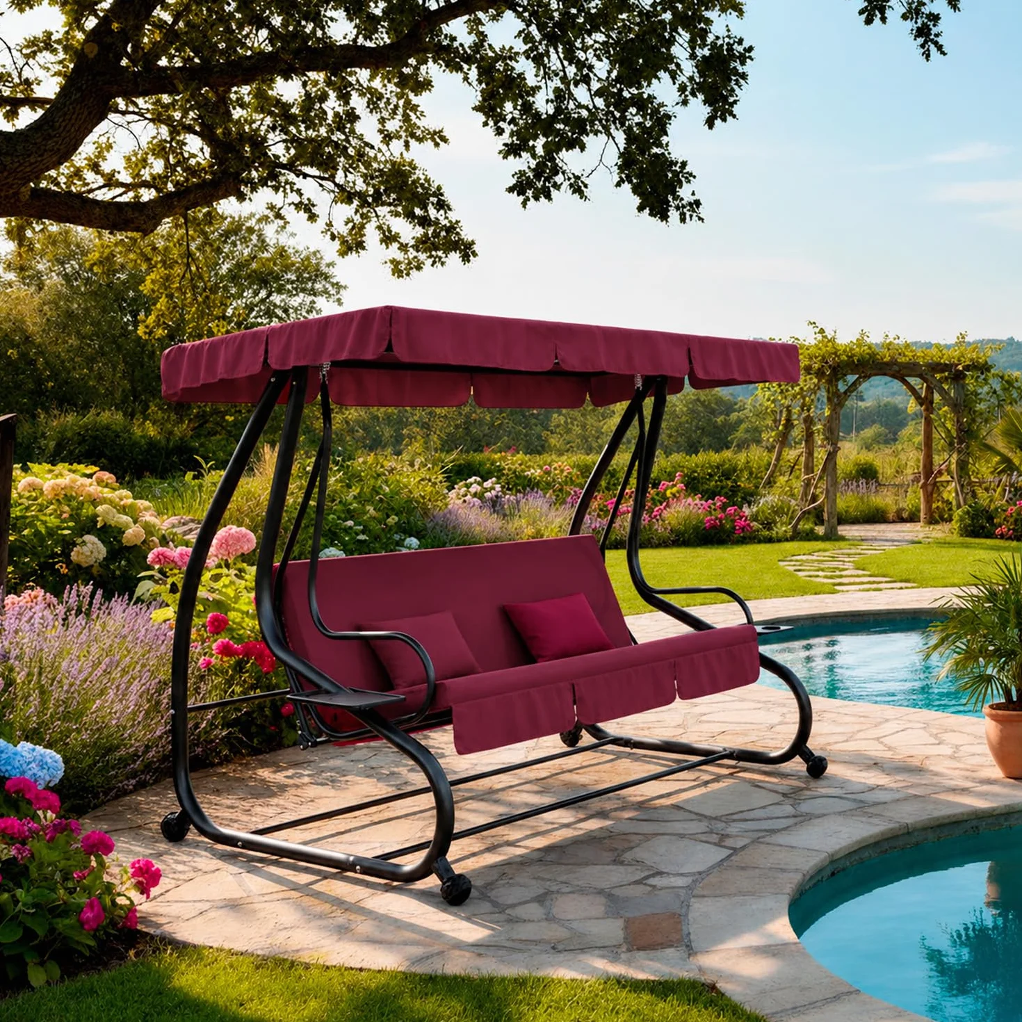 Dondolo 3 Posti Reclinabile Madeira Tettuccio Parasole Regolabile Cuscini Imbottiti Diventa Letto Struttura Robusta In Acciaio Verniciato Giardino Esterno Balcone Terrazzo 200 x 120 x 160 cm Bordeaux