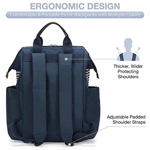 Zaino da picnic grande capacità 4 piatti scomparto termico 22,9 cm manico legno posate coperta impermeabile blu navy