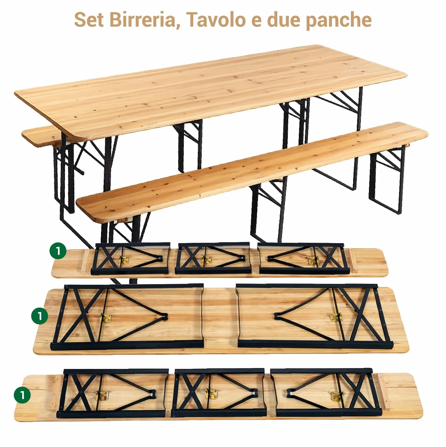 Crisalide® Set Birreria Pieghevole in Legno di Abete Tavolo 220 cm con 2 Panche Struttura in Acciaio Rinforzato 70x80 cm