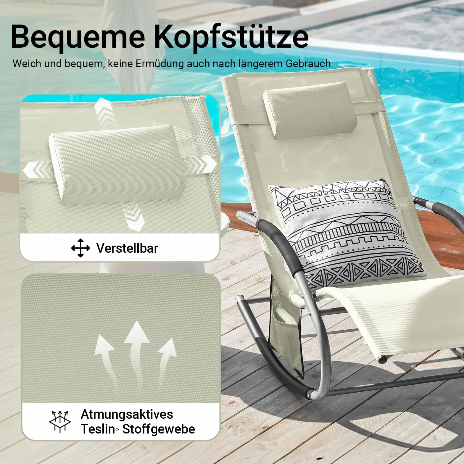 SoBuy Set di 2 sedie a dondolo da esterno con cuscino e poggiatesta, beige, 150x63x87 cm