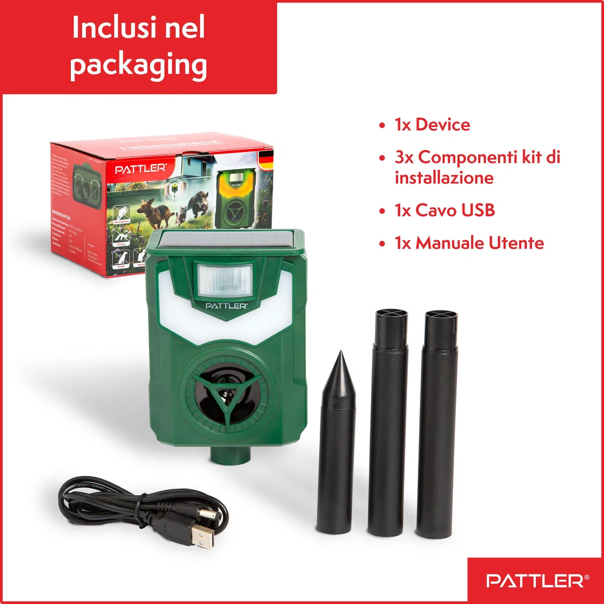 PATTLER Repellente Ultrasuoni Solare per Gatti e Animali - Efficace Dissuasore per Gatti, Piccioni e Altri Animali - Ideale per Fattorie, Giardini e Cortili