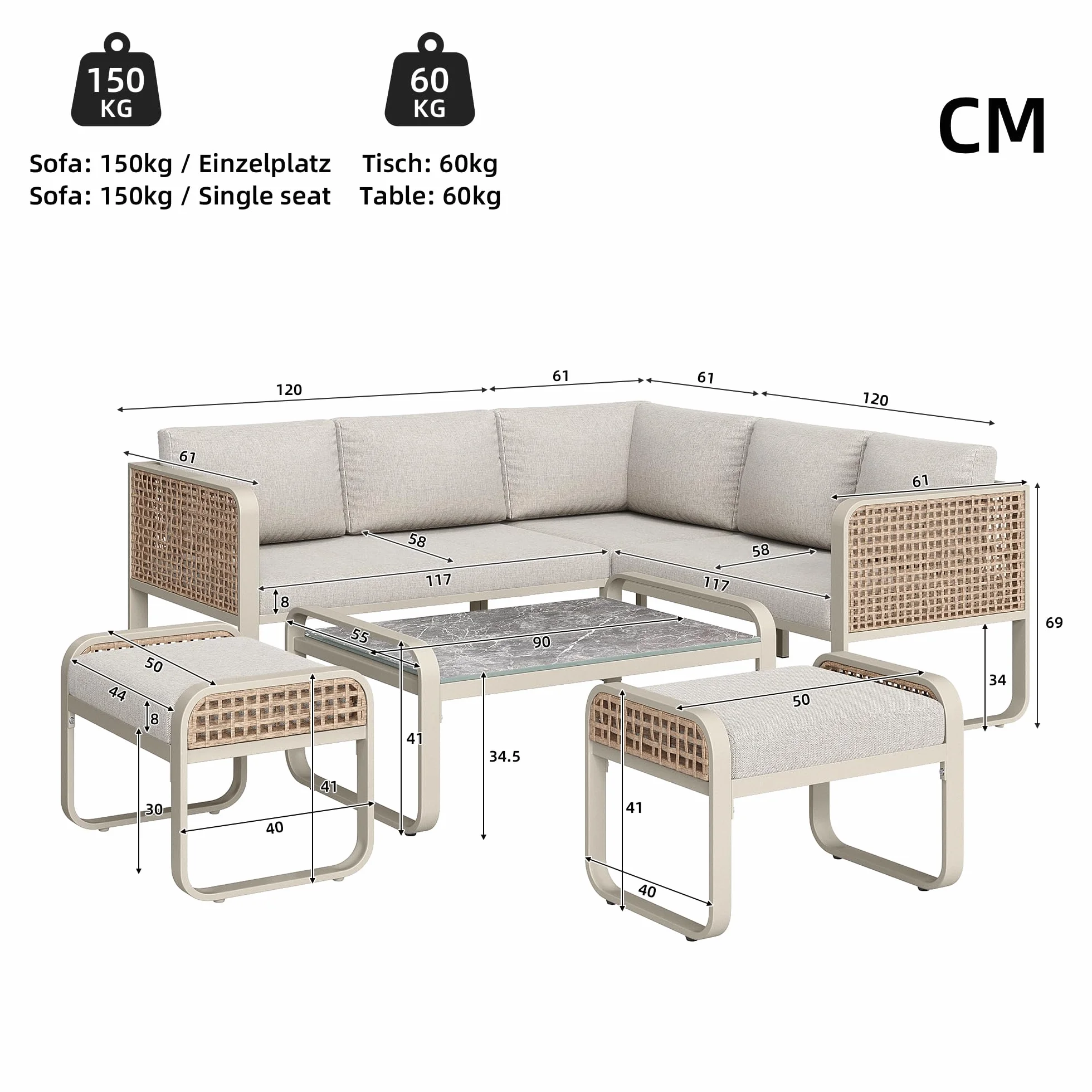 Set divano angolo rattan ferro zincato 120x61x69 cm beige per 6-7 persone