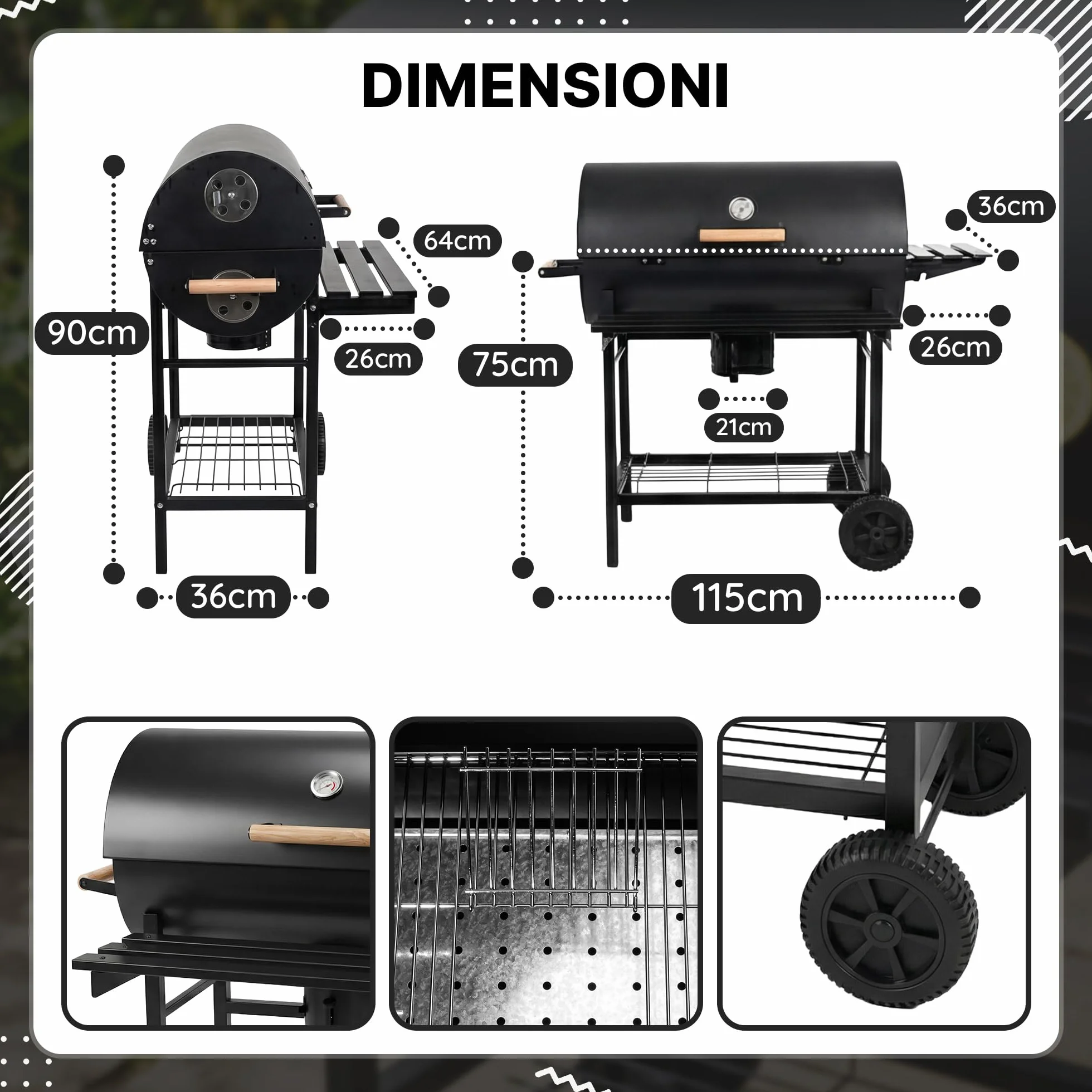 Grill & Chill Barbecue a Carbone 71×35 cm Coperchio con Termometro Acciaio Nero