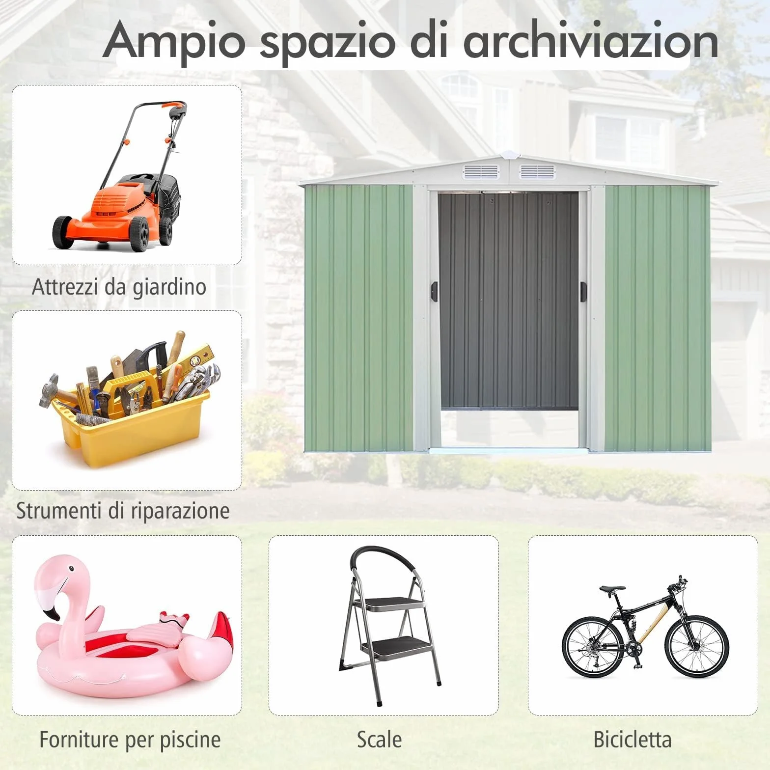 RELAX4LIFE Casetta da Giardino 5.26 m² 9.246 m³, 257x205x175,5 cm, in Lamiera d'Acciaio con 2 Porte Scorrevoli e 4 Sfoghi, Tetto Inclinato, per Porta Attrezzi, Tosaerba