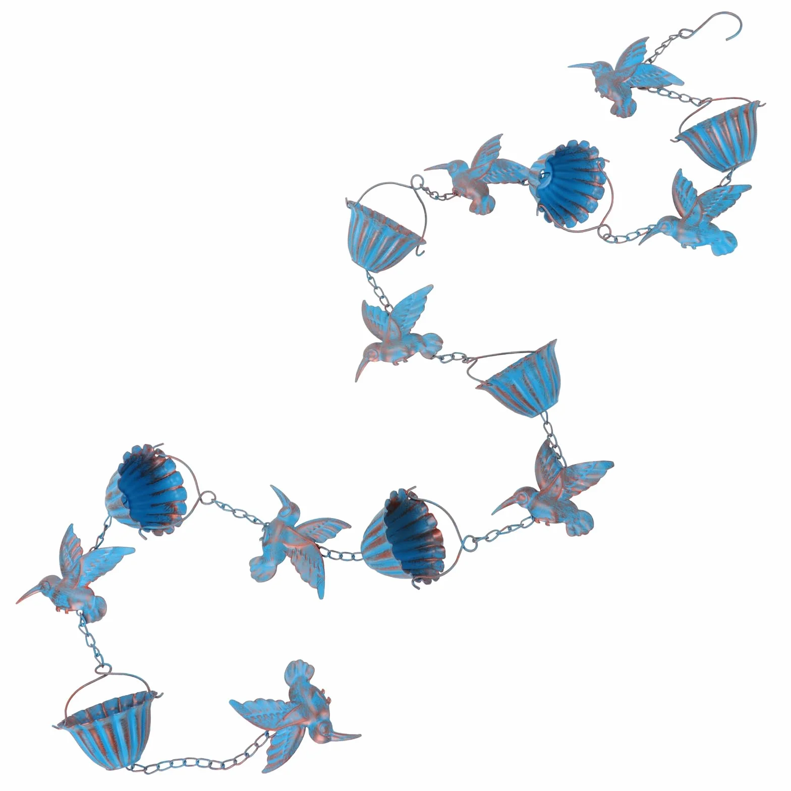 Tefola Catena antipioggia da 2,4 m con colibrì – Catena di scarico in metallo blu retrò, 7 uccelli e 7 tazze per grondaie, decorazioni da giardino e casa