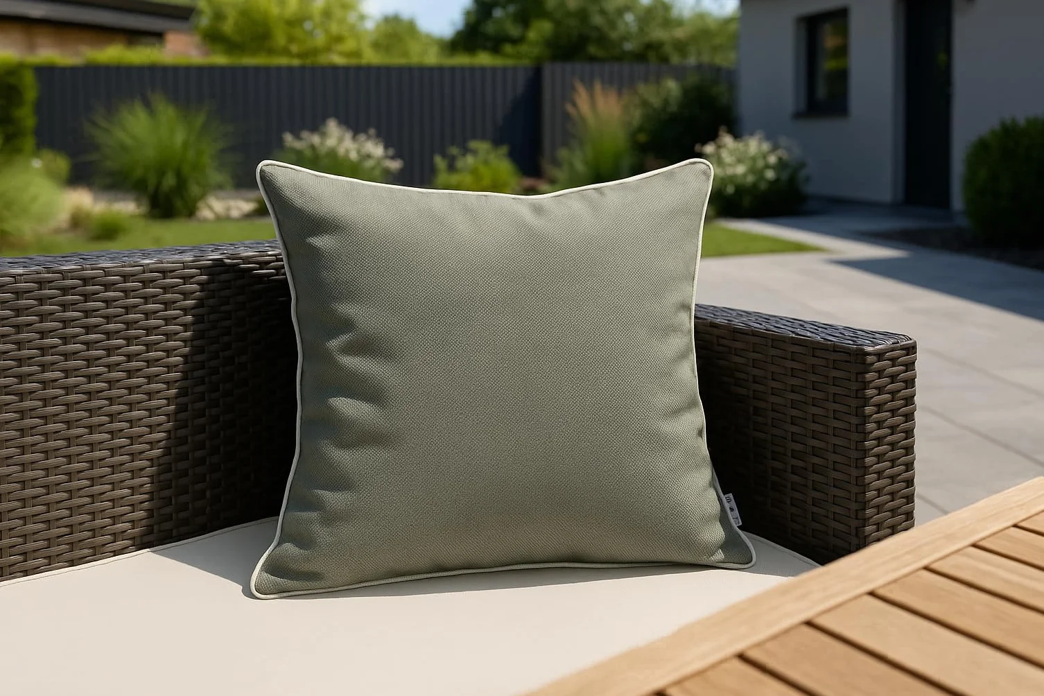 Brandsseller Set di 4 Cuscini da Esterno 45x45 cm – Cuscini Decorativi con Elegante Bordino a Contrasto – Idrorepellenti e Antimacchia per Giardino, Balcone, Terrazza e Divano – Taupe
