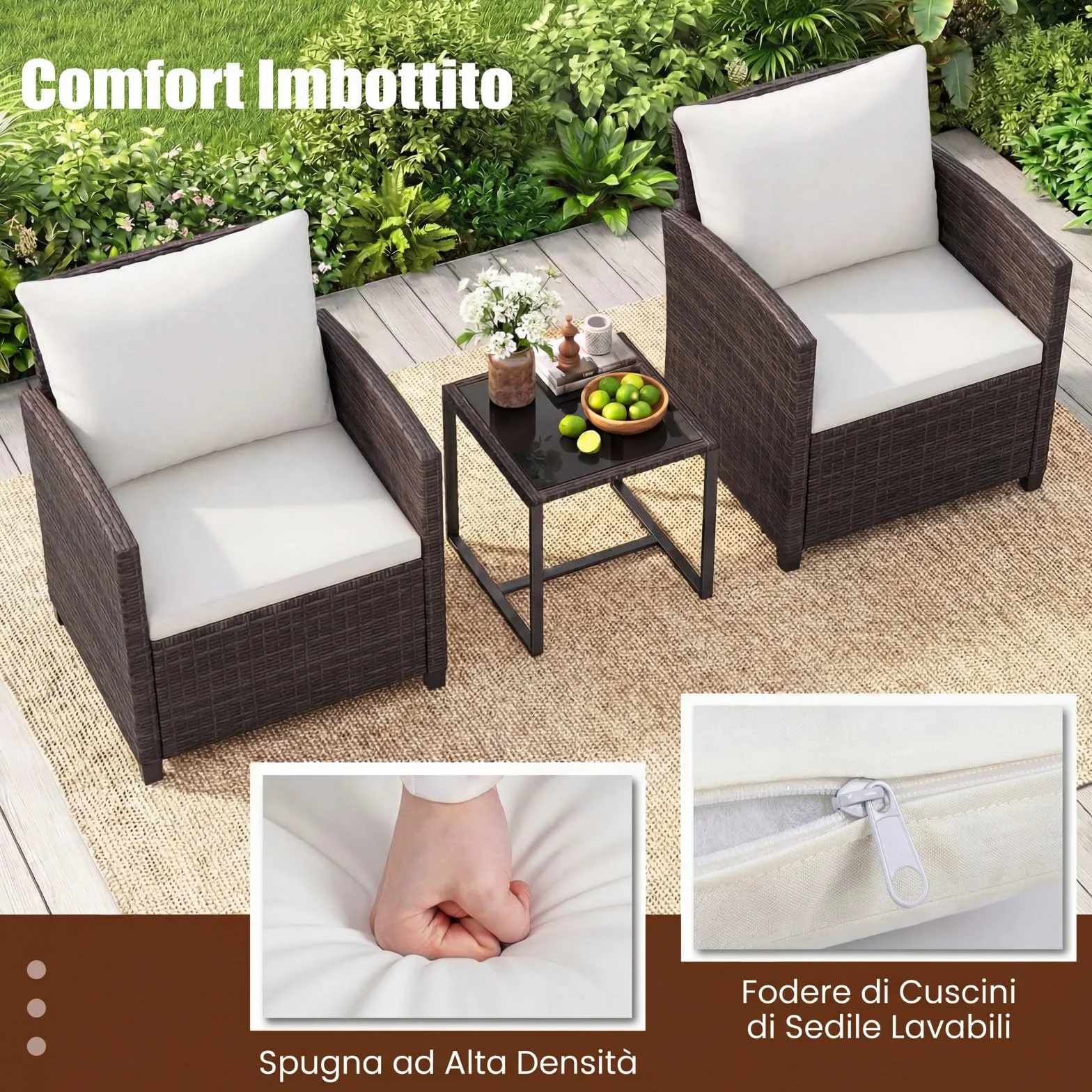 COSTWAY Set Mobili da Giardino 3 Pezzi, Salotto da Esterno in Rattan PE con Cuscini Sfoderabili, Tavolino in Vetro Temperato Beige