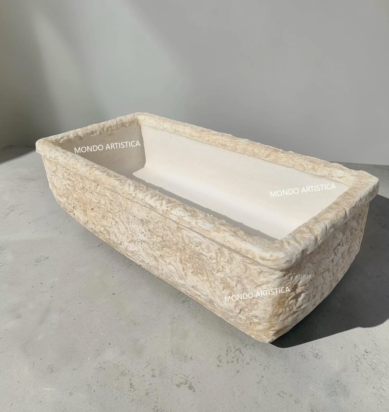 Lavandino, Lavabo, Pilozzo, Vasca Unica, Fontana Da Esterno, Per Giardino Altezza 22 cm, Larghezza 80x40 Cm, In Cemento Bianco E Polvere Di Marmo, Colore Sfumato Beige