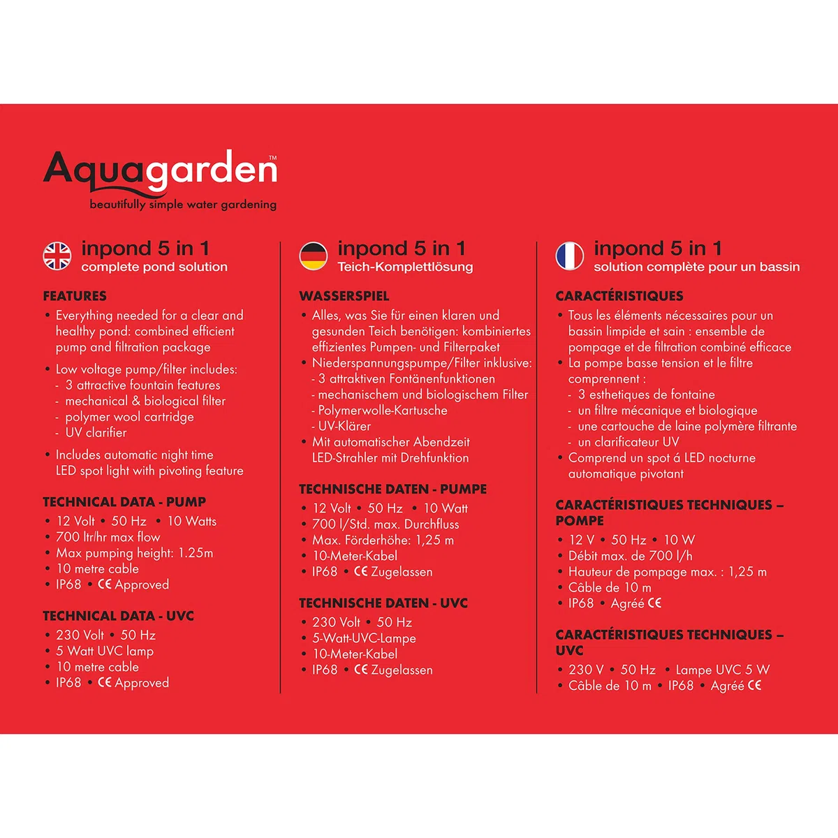 Aquagarden Inpond 3000, pompa per laghetto e acqua, filtro, chiarificatore UV, faretto LED e fontana, soluzione completa per un laghetto pulito, limpido e bello, per laghetti fino a 2000 litri, nero