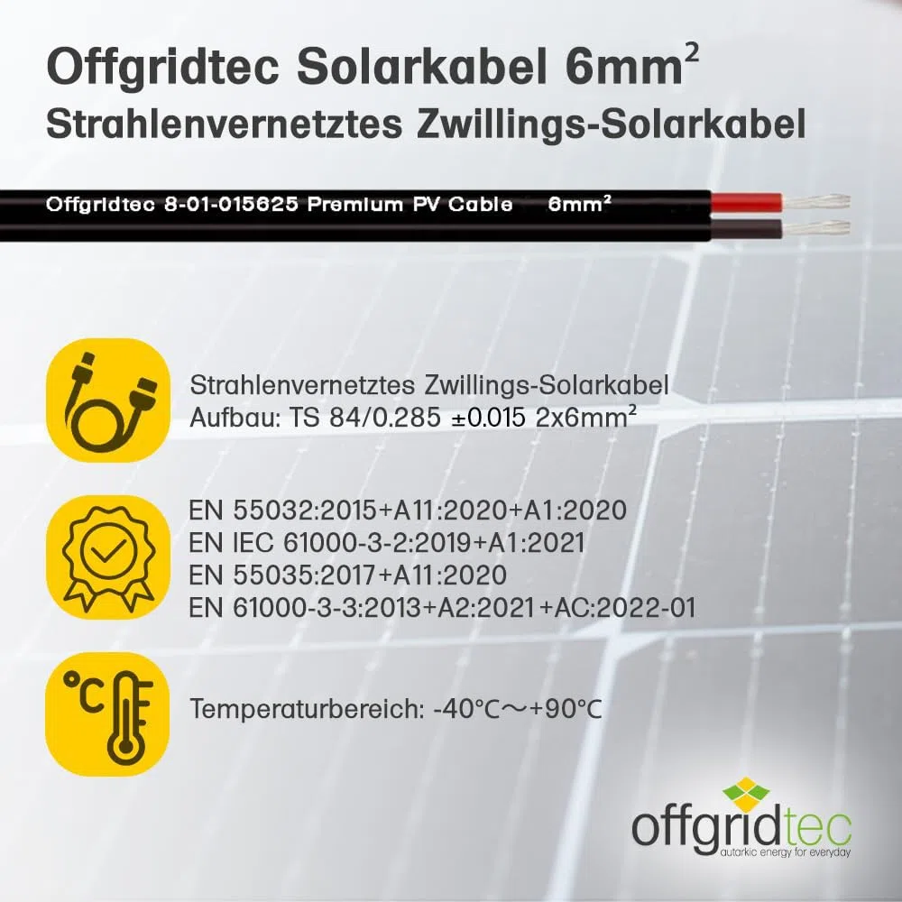 Offgridtec Cavo solare 2x6mm², cavo PV bipolare per impianti fotovoltaici, design flessibile e separabile, rame stagnato con isolamento XLPO, resistente a calore e intemperie, DC, 20 m