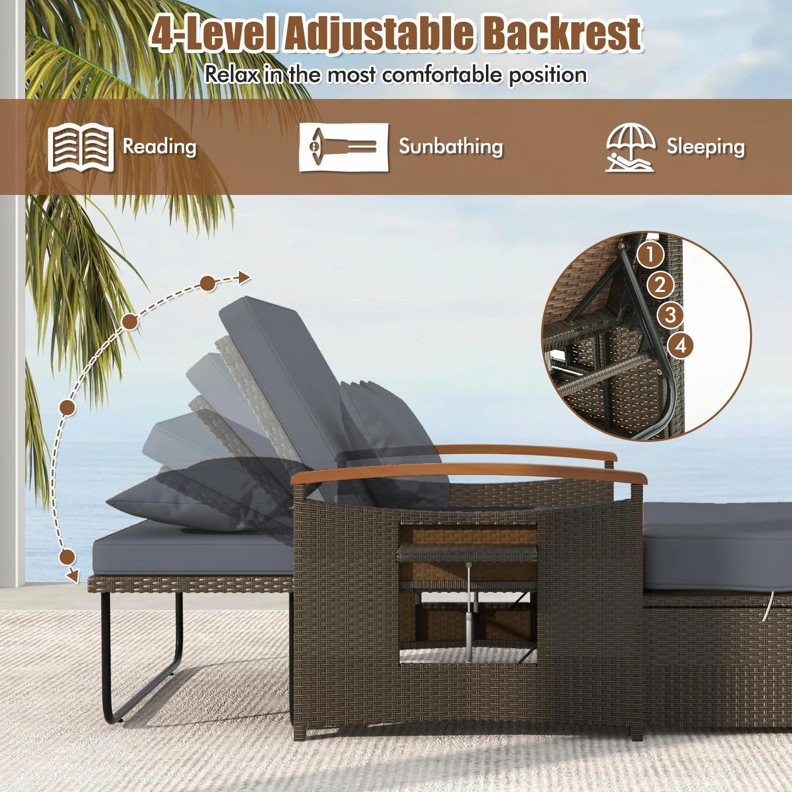GIANTEX Divano da Giardino in Rattan a 2 Posti con Funzione Allungata, Set di Mobili in Rattan con Sgabello, Doppia Sedia a Sdraio per 2 Persone, 3 Colori (Cuscino Grigio)