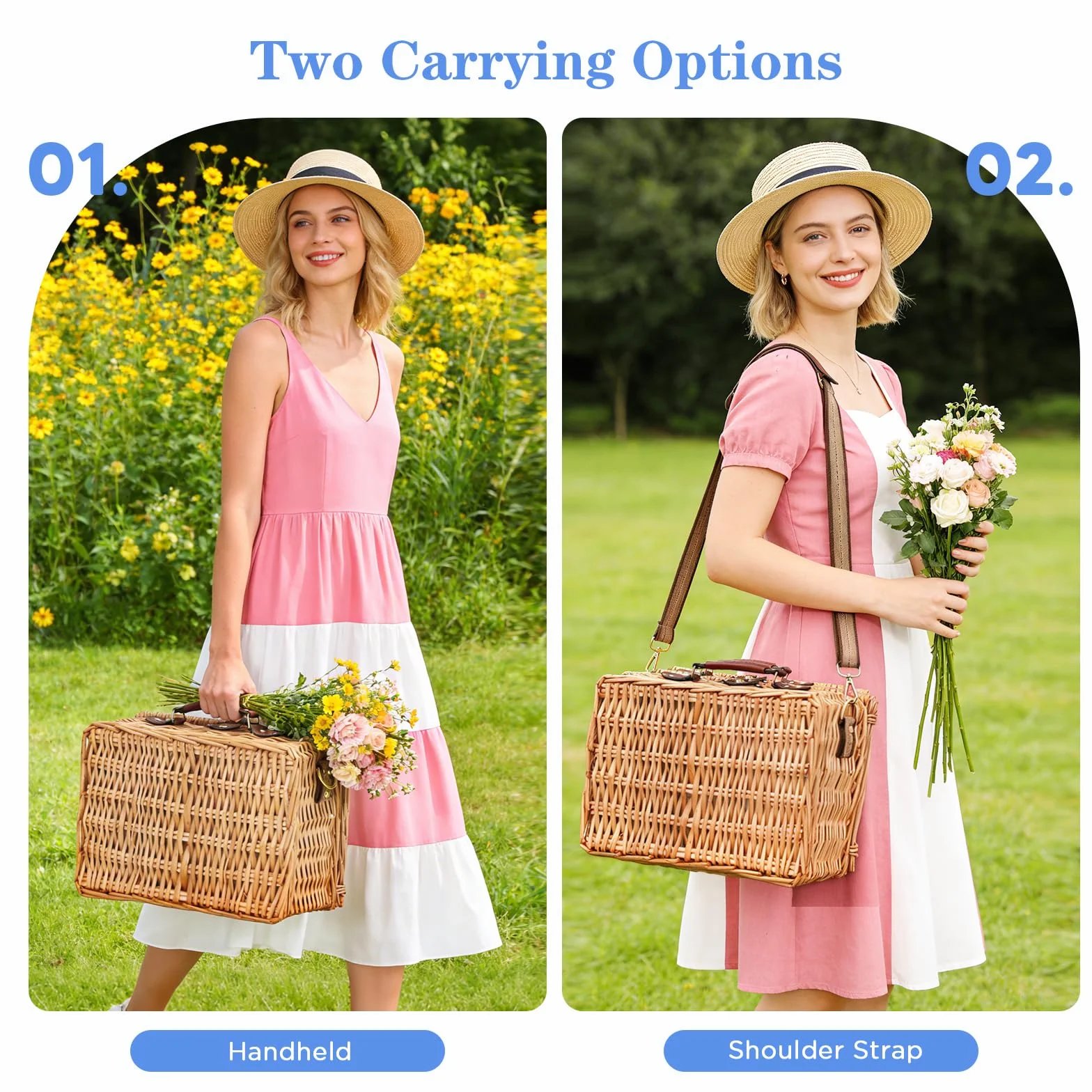 Cesto da Picnic in Vimini per 2 Persone con Scomparto Termico, Blu