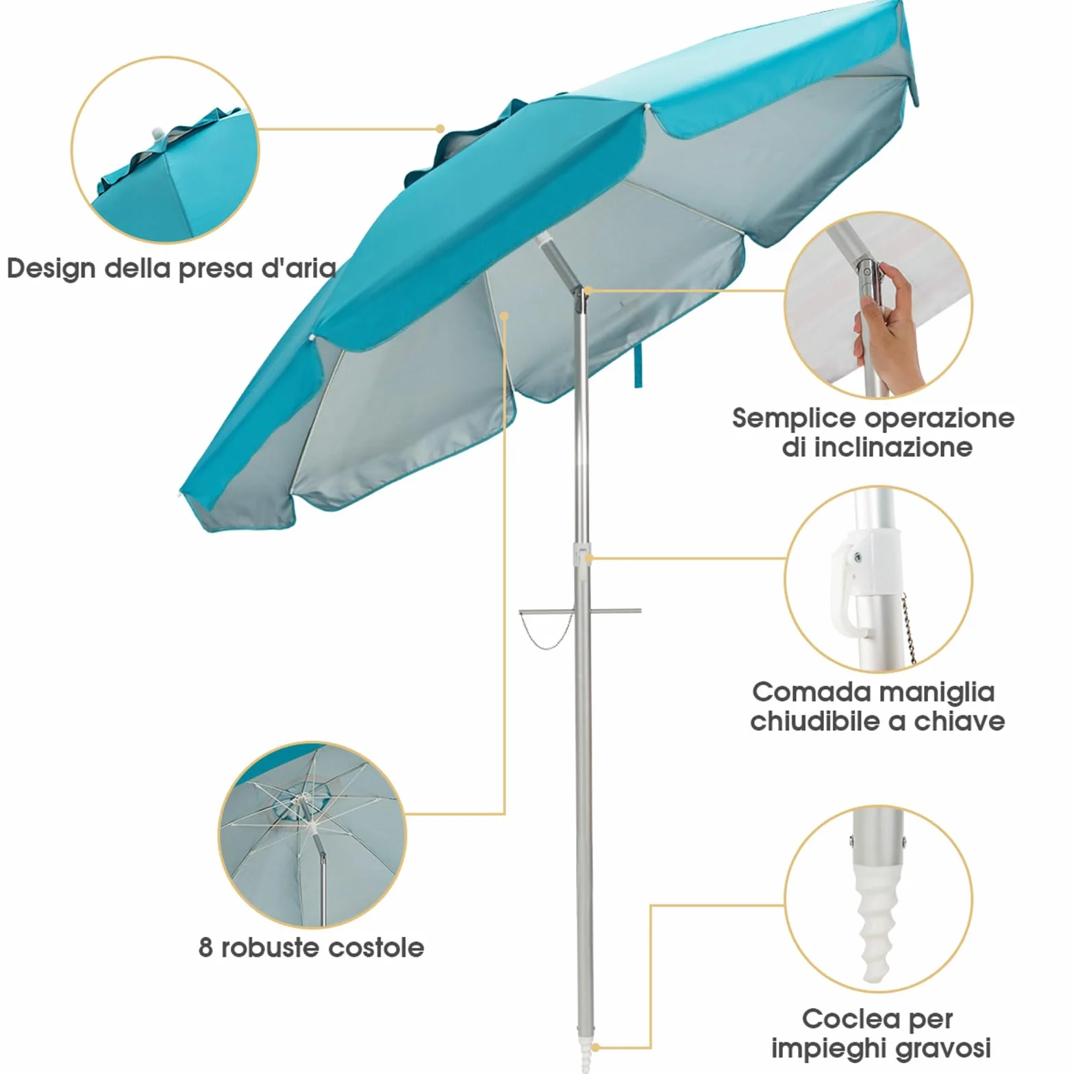 COSTWAY Ombrellone da Spiaggia 198 cm, Parasole Esterno con Palo Inclinabile in Alluminio, Anti UV 50+, 8 Stecche, Blu
