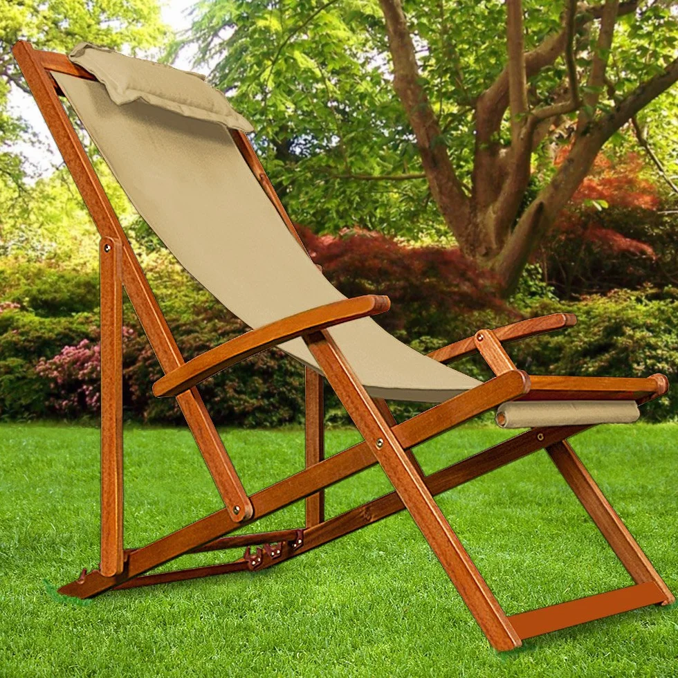 Casaria Sedia a Sdraio in Legno Acacia Pieghevole con Poggiatesta Traspirante Poltrona Relax da Giardino