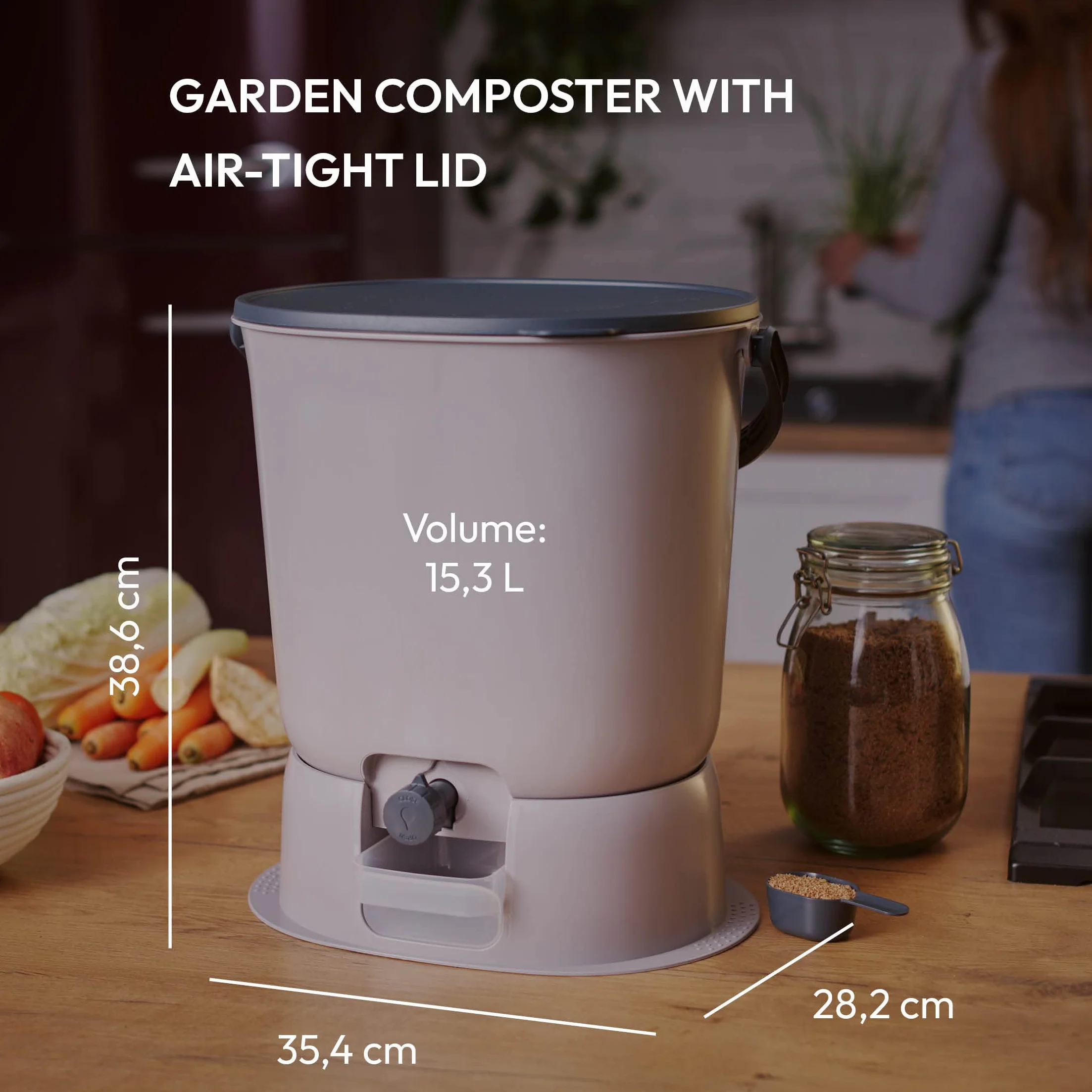 Skaza Bokashi Essential - Pattumiera biologica da cucina (15,3 litri) + base – Secchio per compost cucina e giardino in plastica riciclata – Starter Set + incl. 1 kg di avviamento per fermentazione